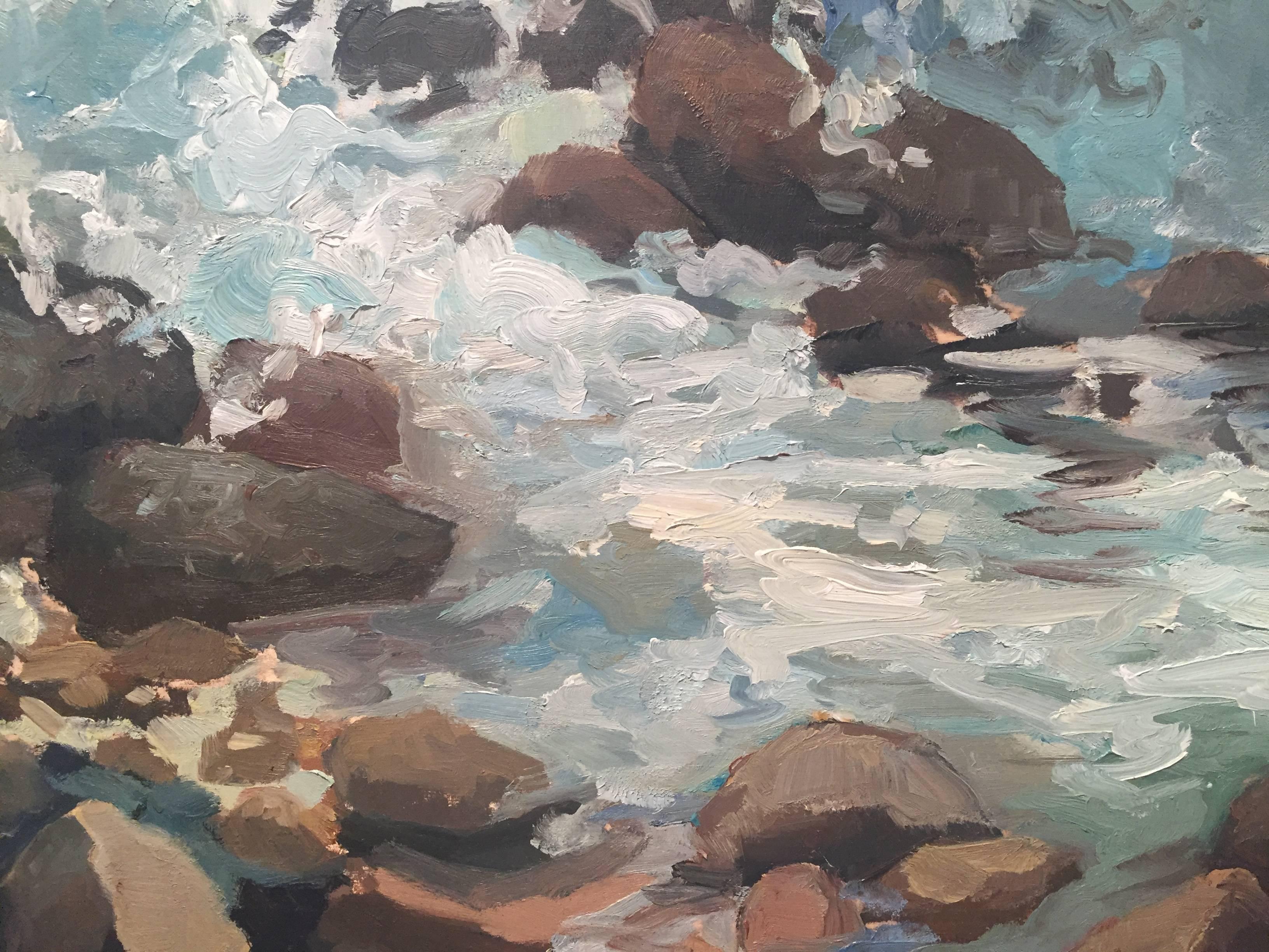Painted en plein air, on the shore at a Montauk Beach. The Eastern most point of Long Island has a certain light to it, and the water is not just blue, but a strong green too. Waves roll over rocks creating a white spray.

Edwina Lucas was born and
