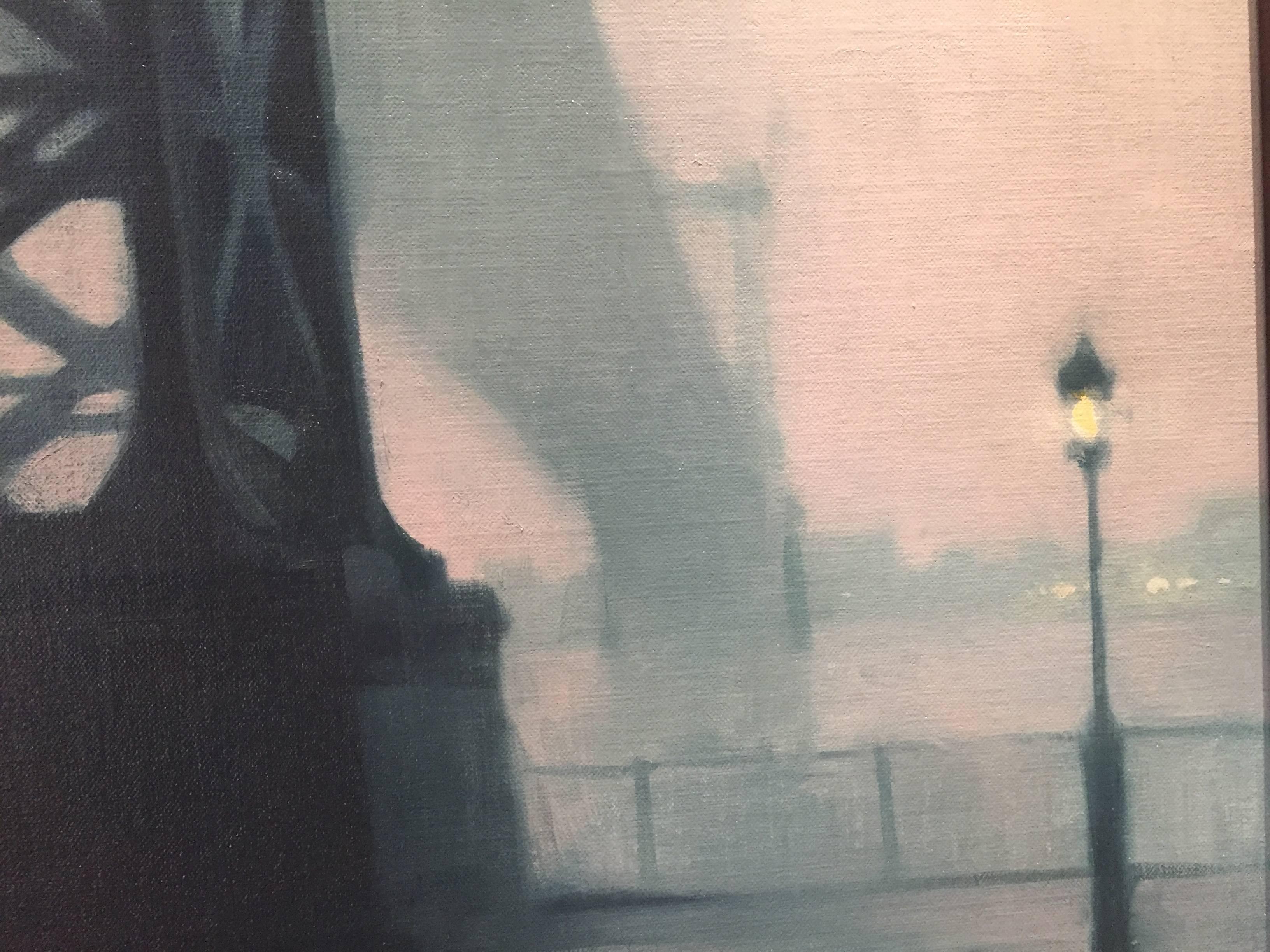 Rainy Day, Williamsburg Bridge - Purple Landscape Painting by Stephen Bauman