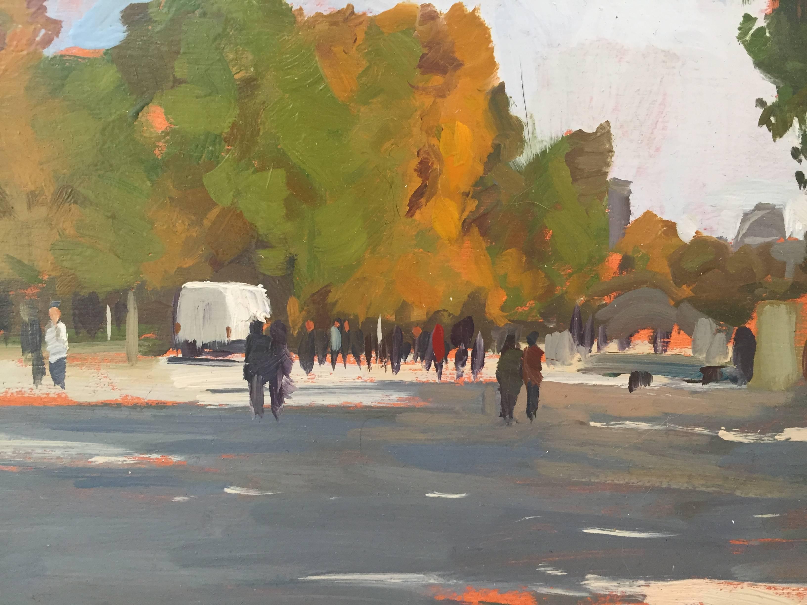 Painted en plein air in the Tuileries Garden in Paris, France. Large, full, trees line the expanse between the Louvre Museum and the Place de la Concorde. Figures walk through the shaded and illuminated path. A work van is parked in the center of