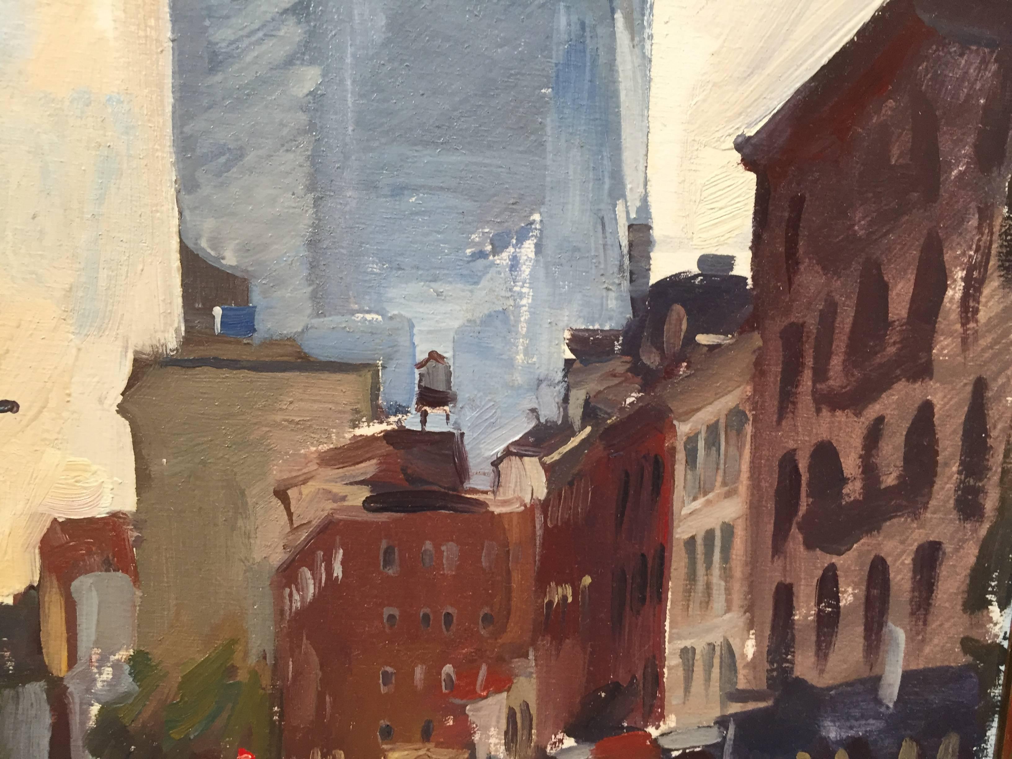 Painted en plein air in the streets of New York City, Dalessio makes the tall Freedom Tower this painting's subject. A silvery blue icon that stretches to the sky, towers over the smaller 4-story buildings in the foreground on West Broadway. Down