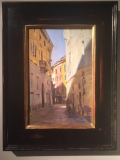 "Street in Varese" 2014 oil painting realist Italian streetscape, pink & yellow
