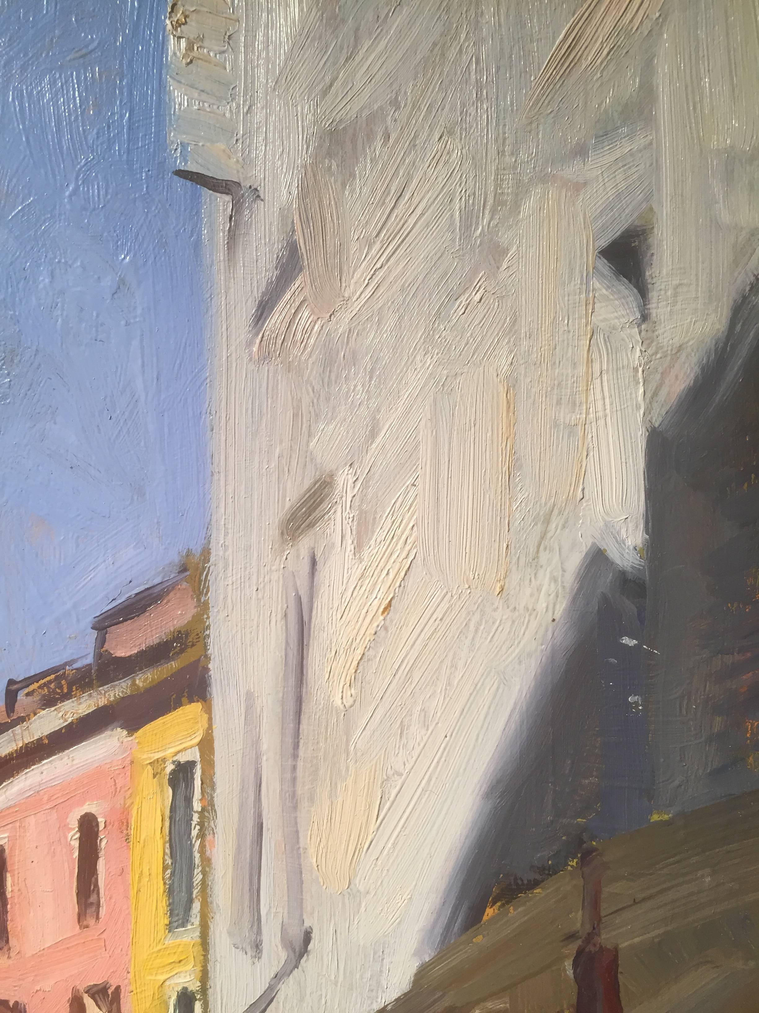 An oil painting of an Italian street scene by renowned american plein air painter, MArc Dalessio. Painted en plein air in Varese, Italy, an alleyway between buildings. A pink building stands centrally at the end of the alley. Shadows cascade across