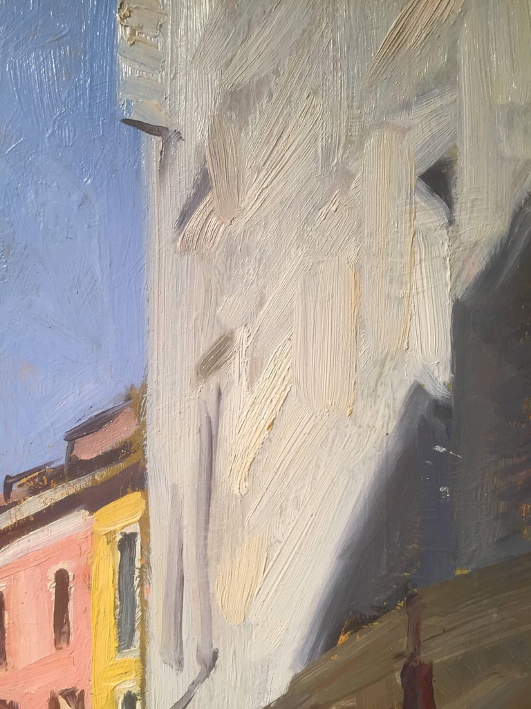 Painted en plein air in Varese, Italy, an alleyway between buildings. A pink building stands centrally at the end of the alley. Shadows cascade across the facades that line the pathway; zig-zagging illuminations of color. 

Marc Dalessio was born in