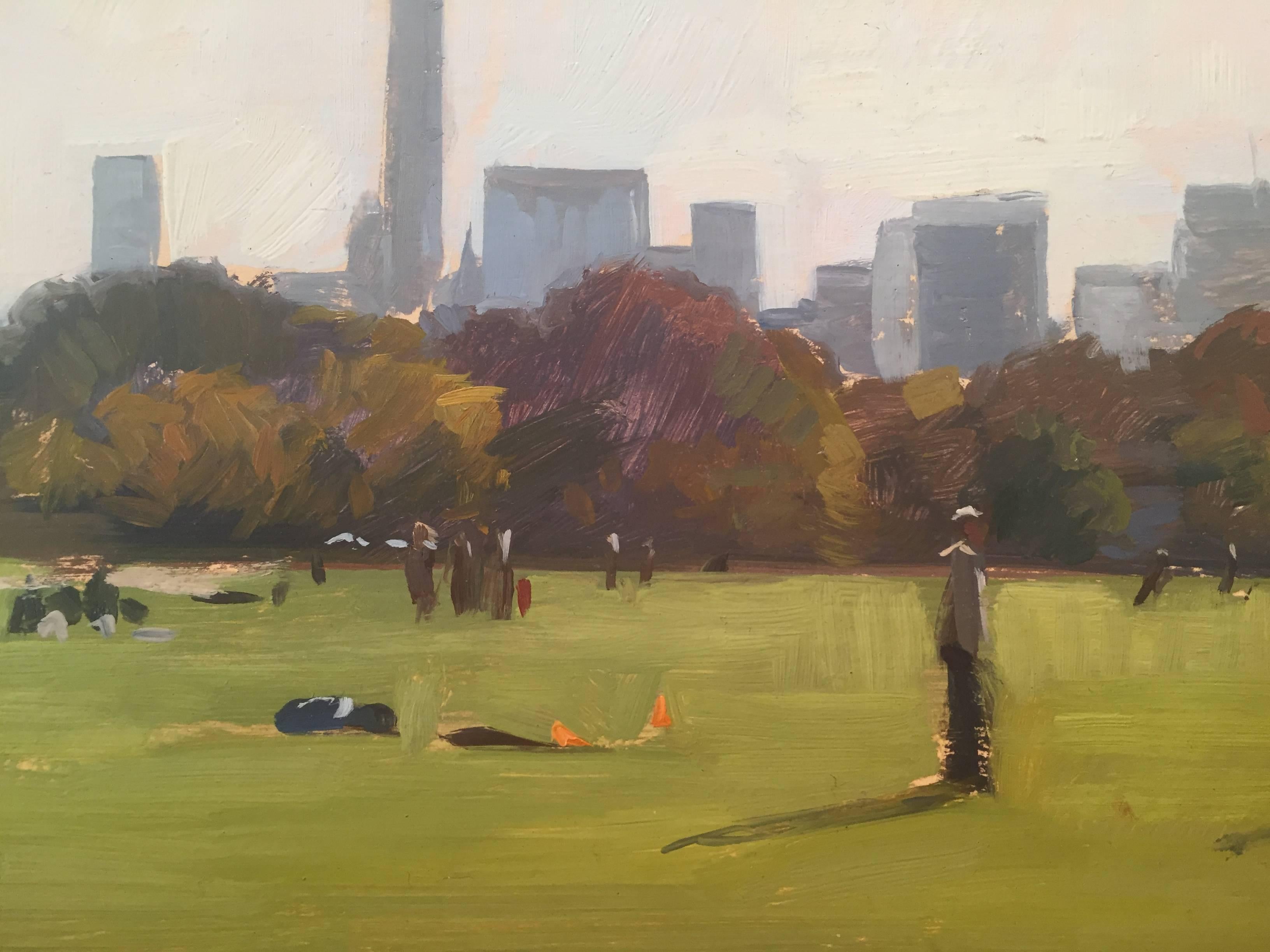 Painted en plein air in Central Park, in New York City. A large grassy field painted with a bright green, meets a tree lined horizon in autumnal colors. The skyline stands against a lavender sky. Figures scattered throughout the green expanse,