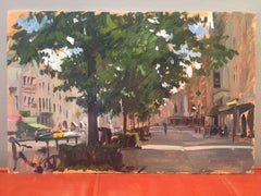 "Belgium" contemporary plein air painting of European streetscape, neutral tones