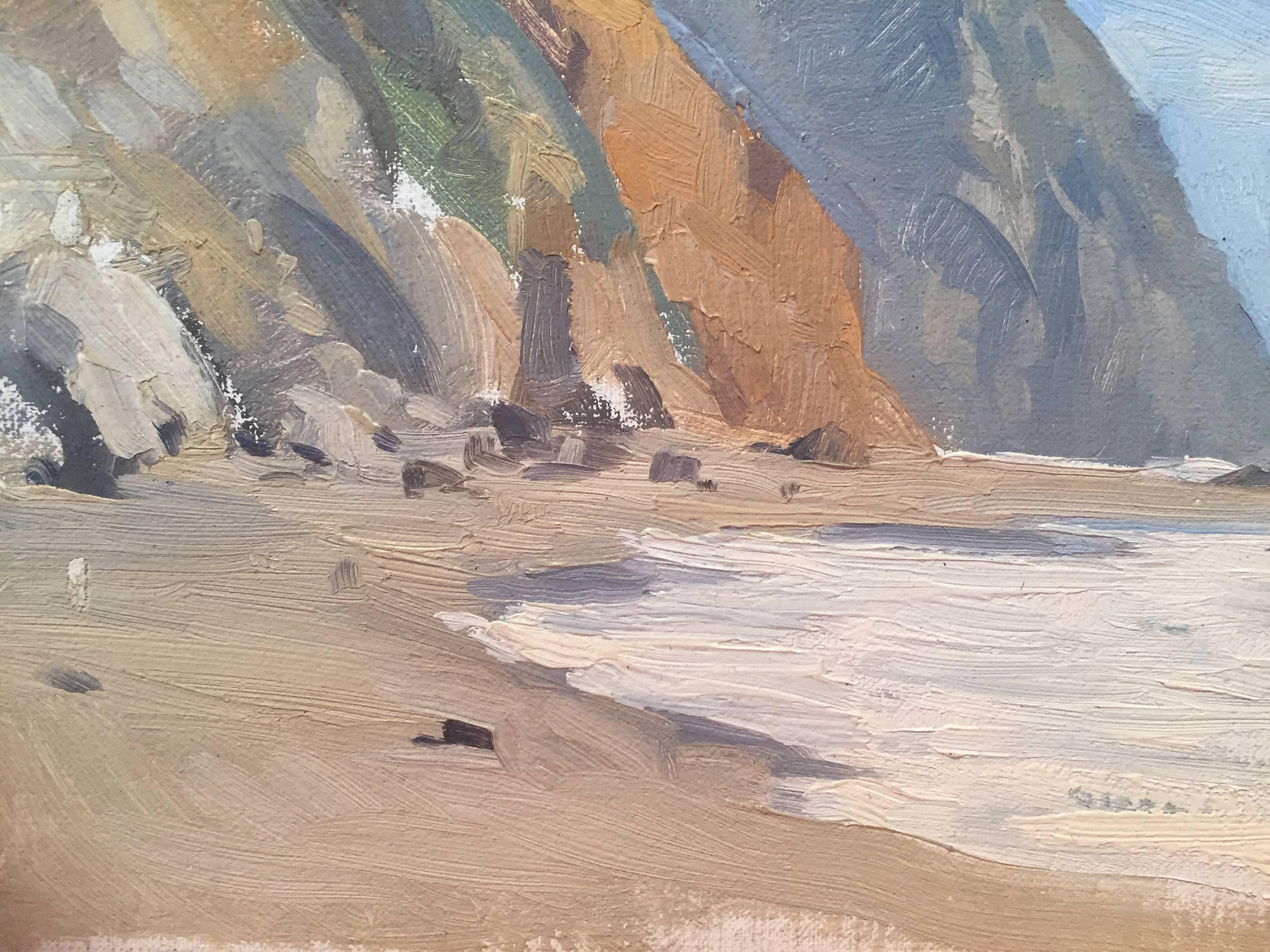 Painted en plein air at Pfeiffer Beach, California. Cliffs and rocky terrain make up the green and brown horizon. Ocean water lands on the shore in a white foam. 

Marc Dalessio was born in 1972 in Los Angeles, California. Even in his earliest