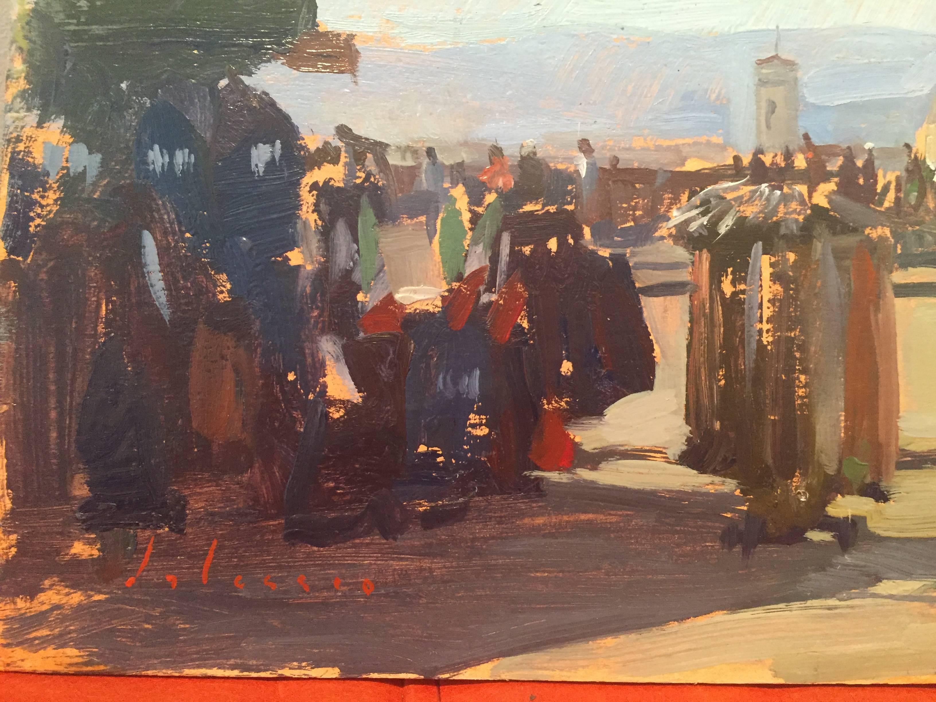 Painted en plein air at Piazzale Michelangelo, a square with a panoramic view of Florence, Italy, located in the Oltrarno district of the city. People stop at outdoor booths like a sort of market. Italian flags fly throughout the square. You can
