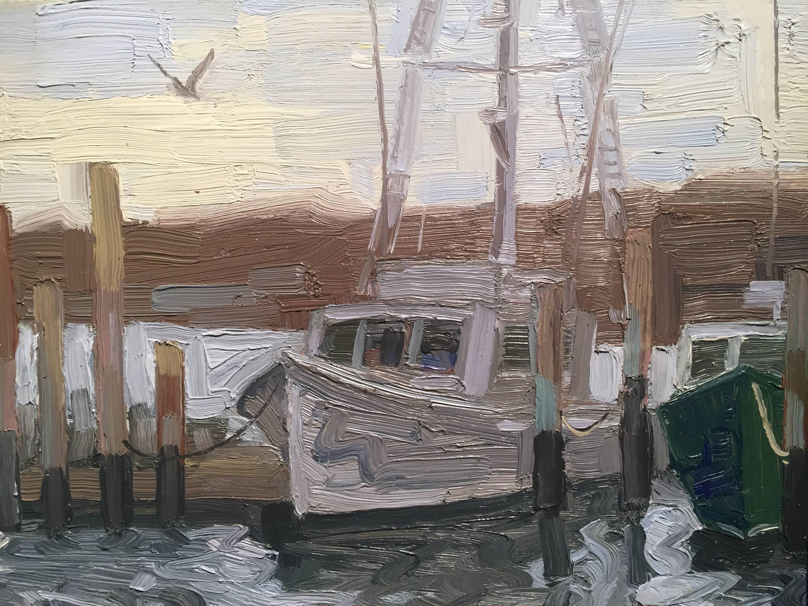 Painted en plein air in Montauk, New York. A fishing boat leaves the marina and heads out to sea to find todays catch. The water is a silvery blue, with hints of white, reflecting the overcast sky above. Lussier exaggerates the motion of the water