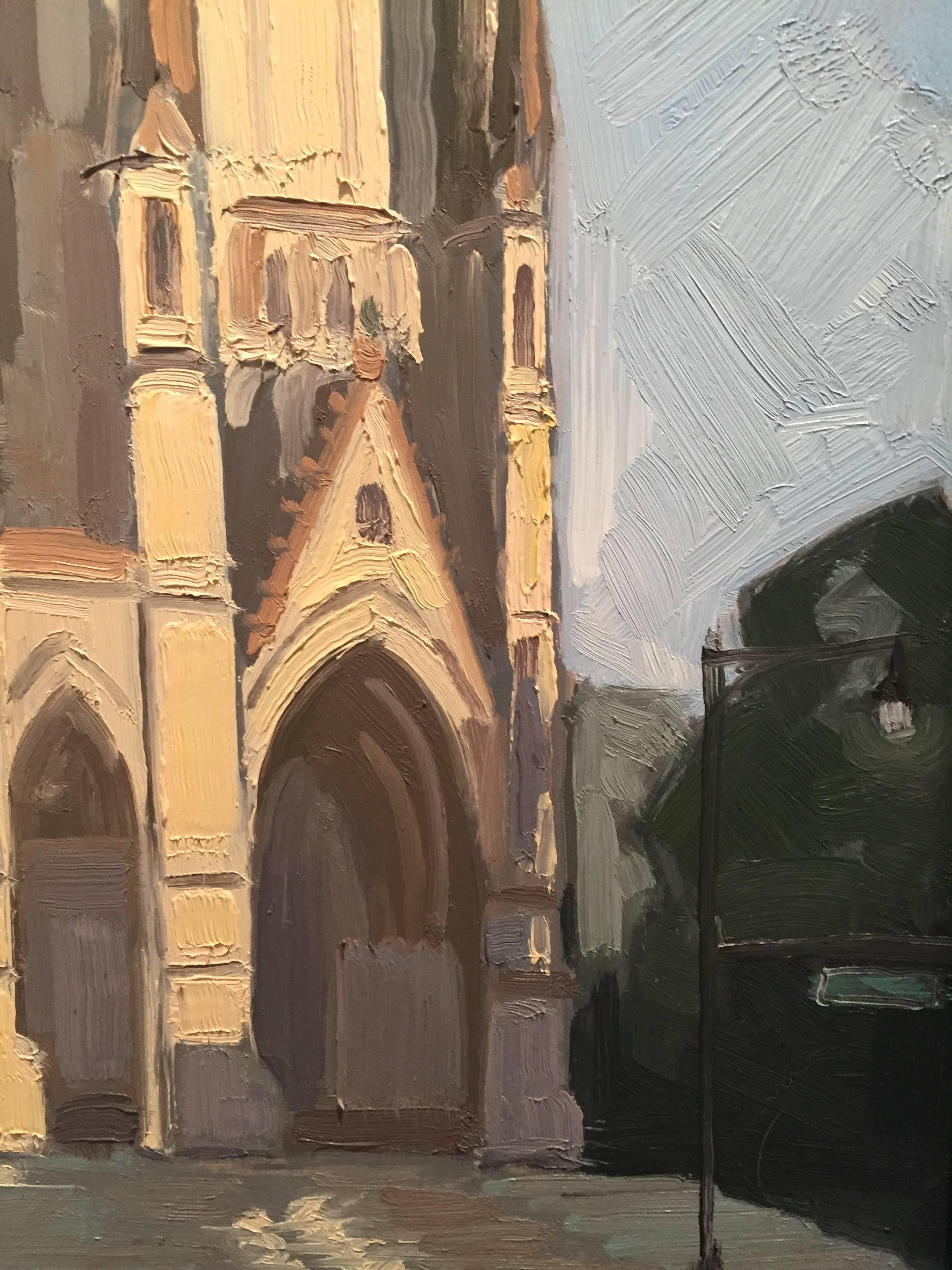 Painted en plein air in NYC, the beautiful Cathedral of Saint John the Divine on Amsterdam Avenue in Manhattan's Morningside Heights. The byzantine-gothic revival structure's sun soaked facade glows. A Blue sky beyond meets green foliage at the