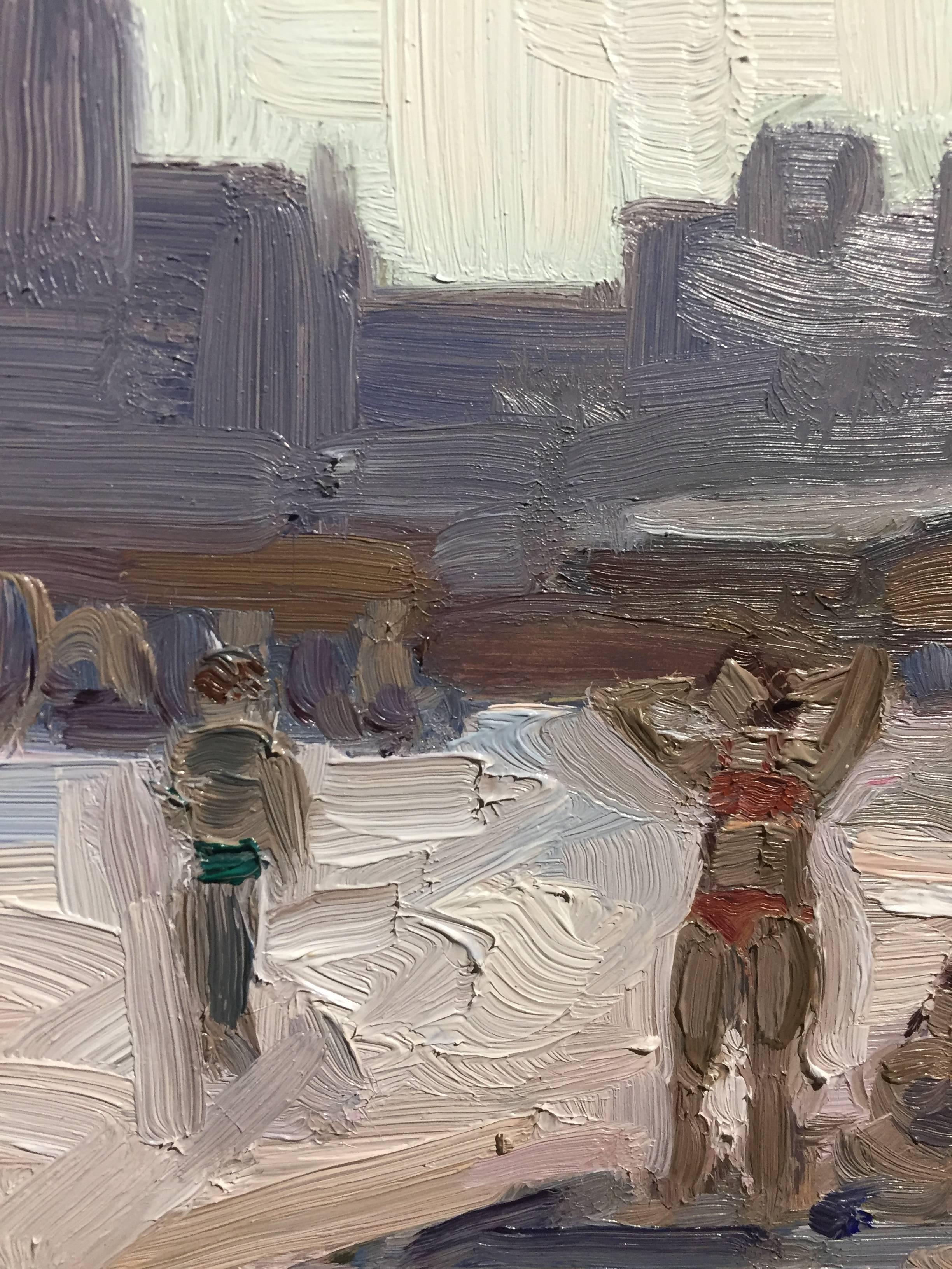 Painted en plein air at a beach near Coney Island, Brooklyn, an expressionistic scene with figures in the sandy foreground and a geometric monochromatic skyline. The 