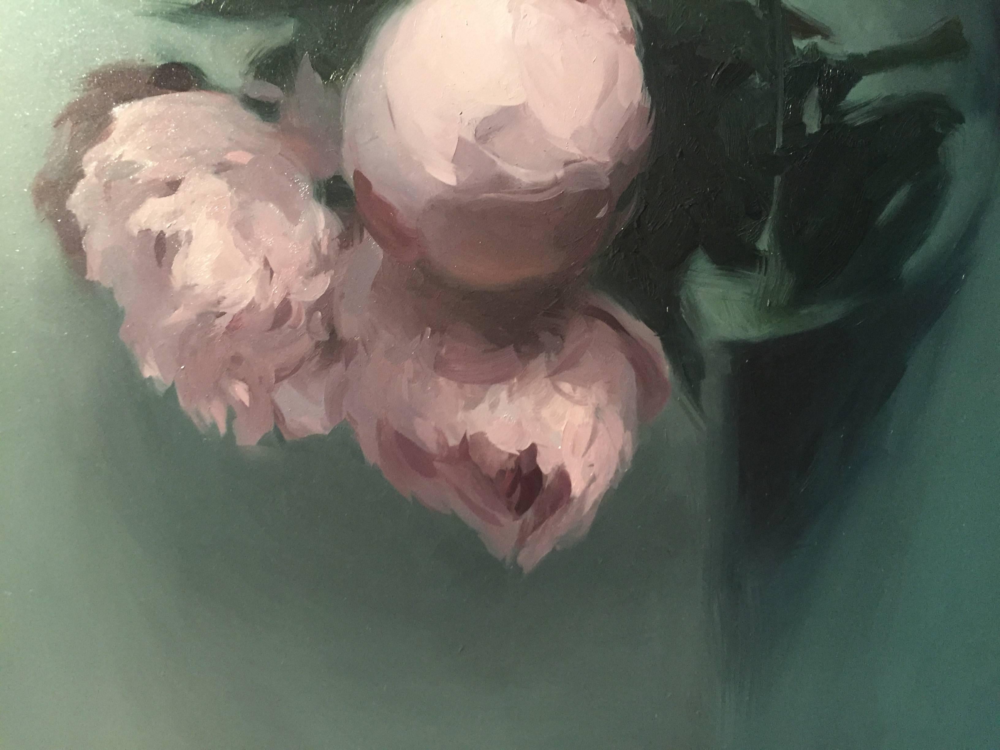 Frame dimensions: 14 x 14 inches

A still life of pink peonies in a rotund vase, placed centrally within the square canvas. 

Born in Memphis, Tennessee in 1980 Bauman's family soon after that relocated to Miami, Florida where he followed his older