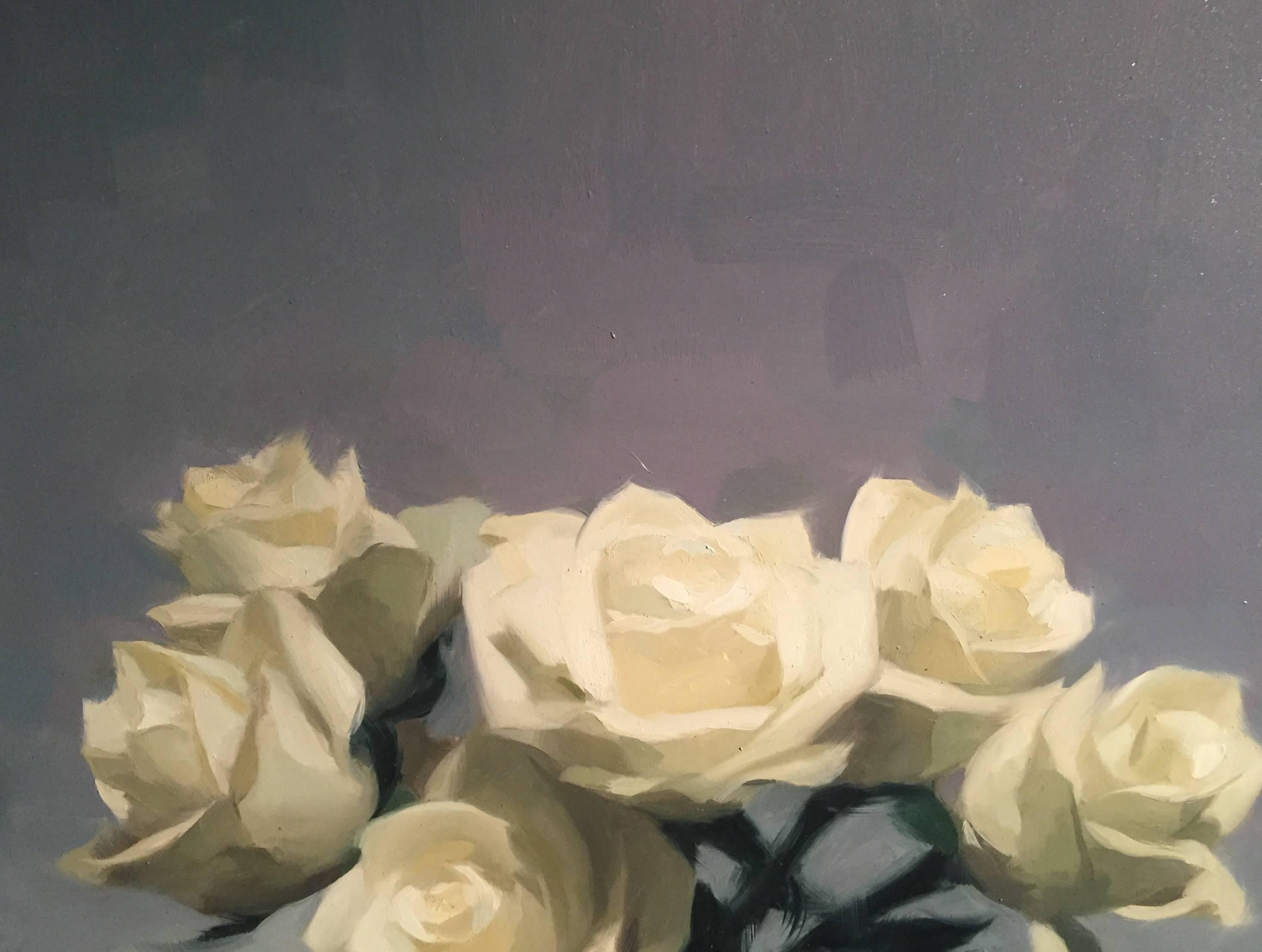 White Roses - Gray Still-Life Painting by Stephen Bauman
