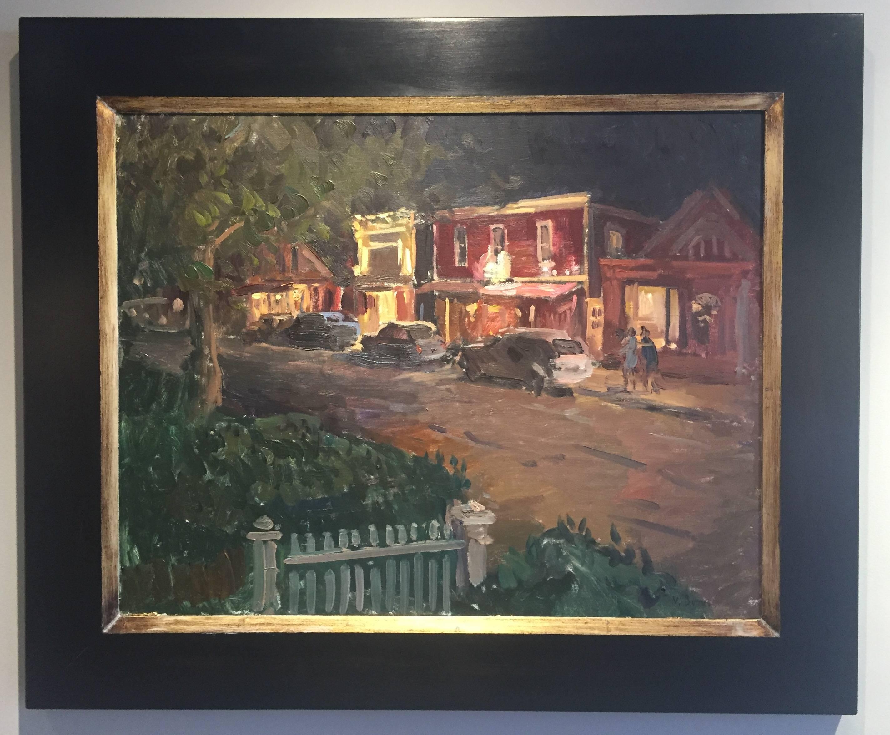 „Evening, Madison Street“, Ölgemälde von Sag Harbor, charmante Straßenlandschaft, Nacht – Painting von Viktor Butko