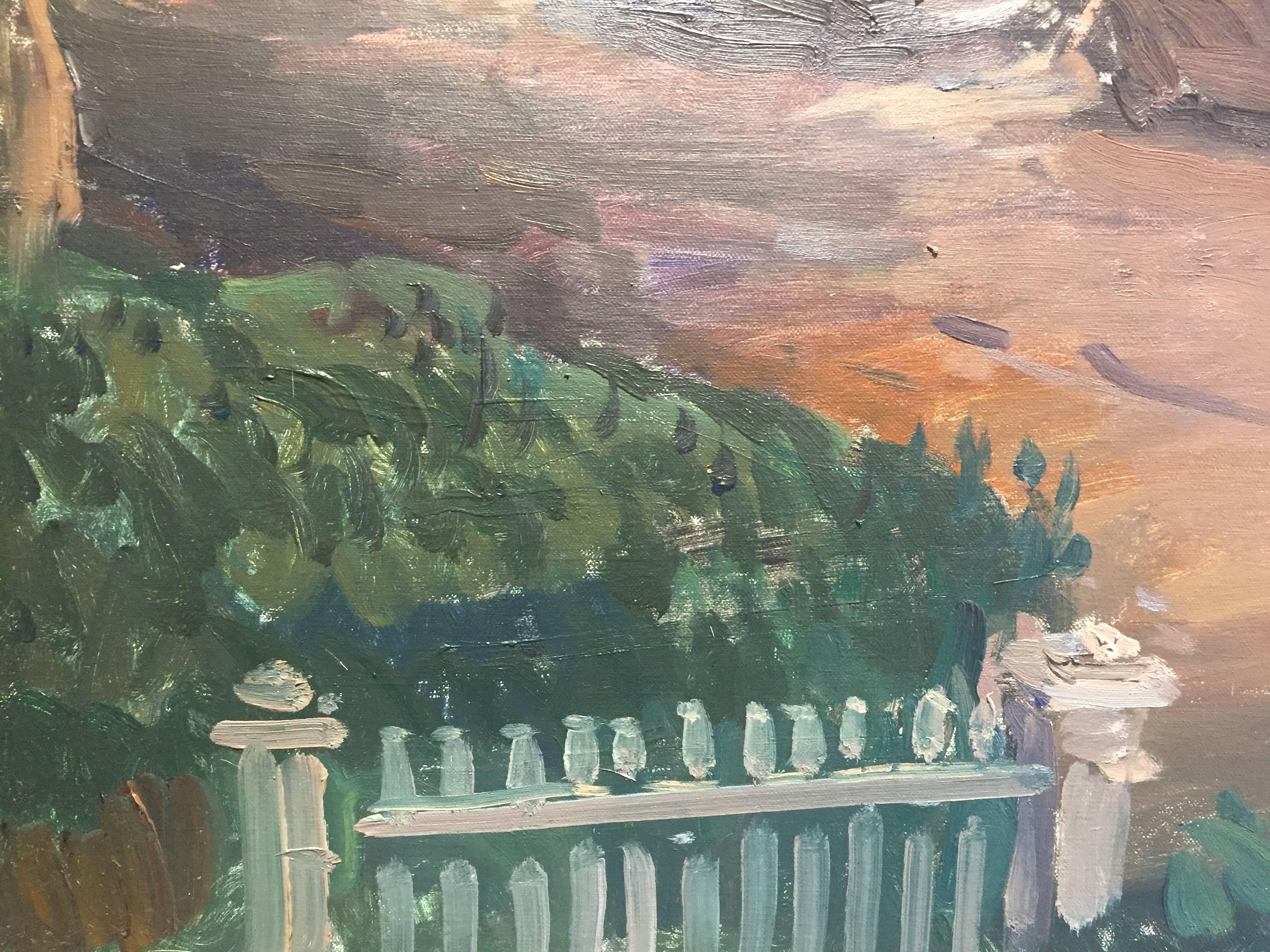 Peinture à l'huile « Evening, Madison Street » représentant un charmant paysage de rue de Sag Harbor en vente 1