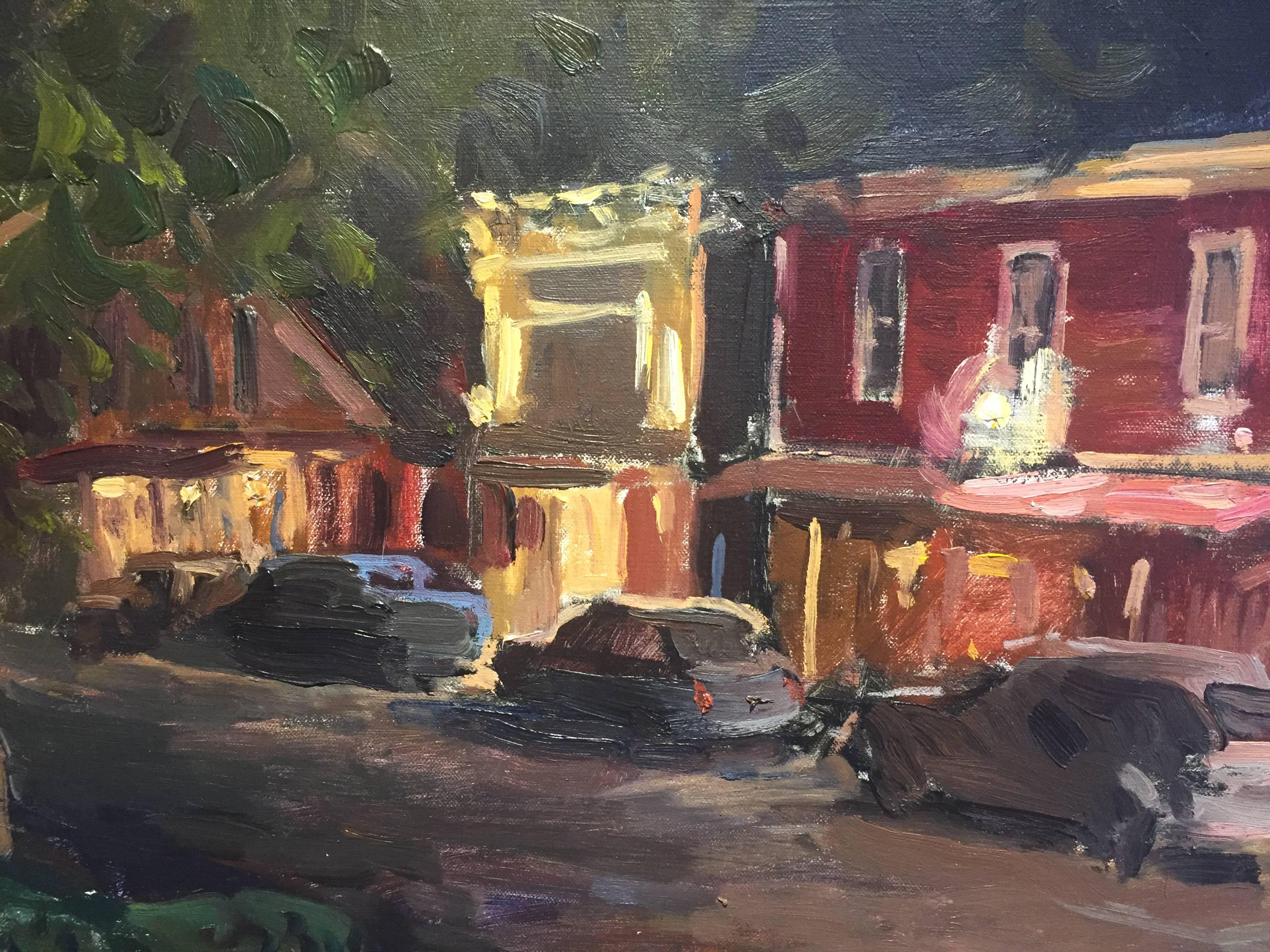 „Evening, Madison Street“, Ölgemälde von Sag Harbor, charmante Straßenlandschaft, Nacht (Impressionismus), Painting, von Viktor Butko