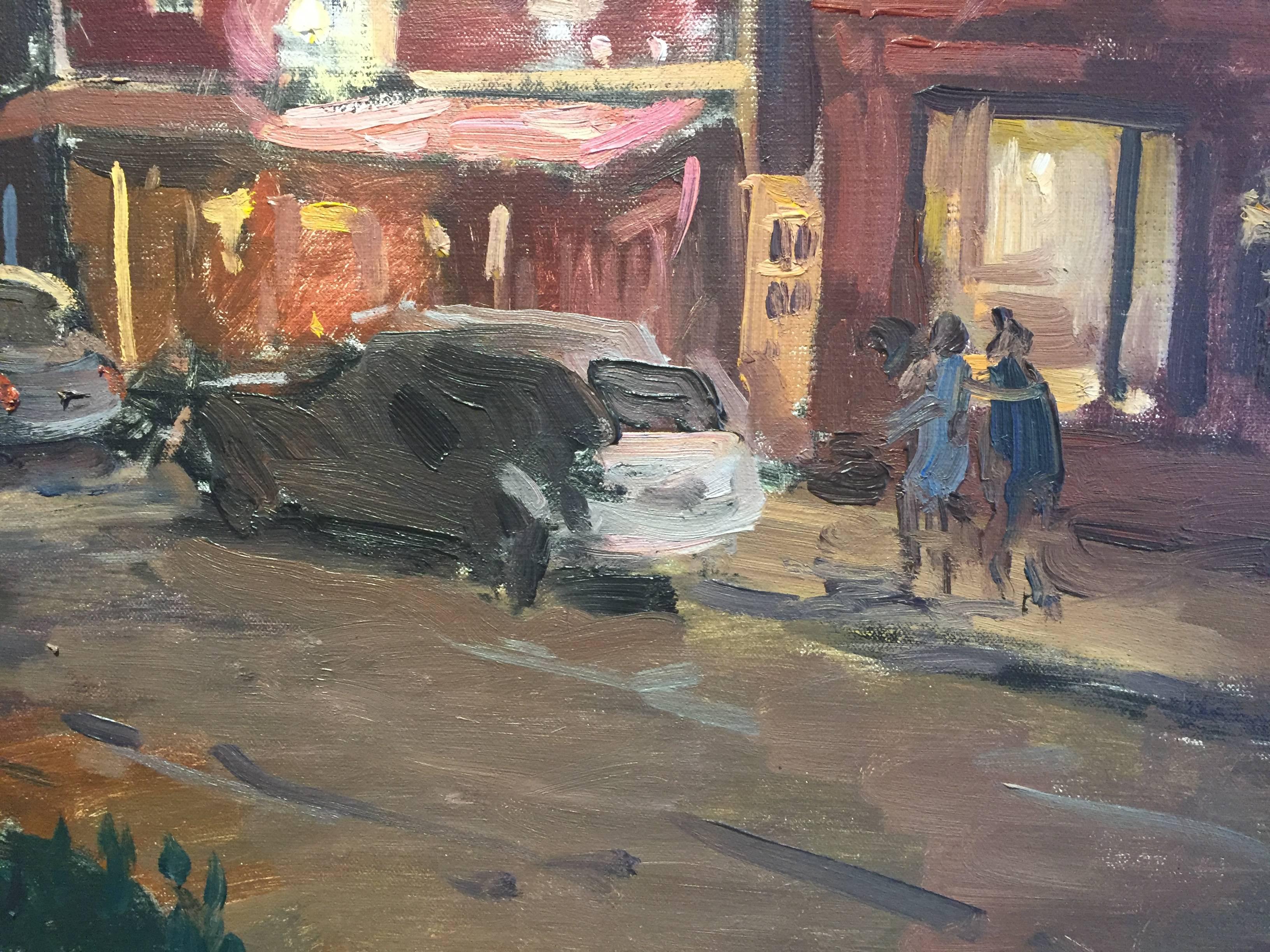 „Evening, Madison Street“, Ölgemälde von Sag Harbor, charmante Straßenlandschaft, Nacht (Schwarz), Landscape Painting, von Viktor Butko