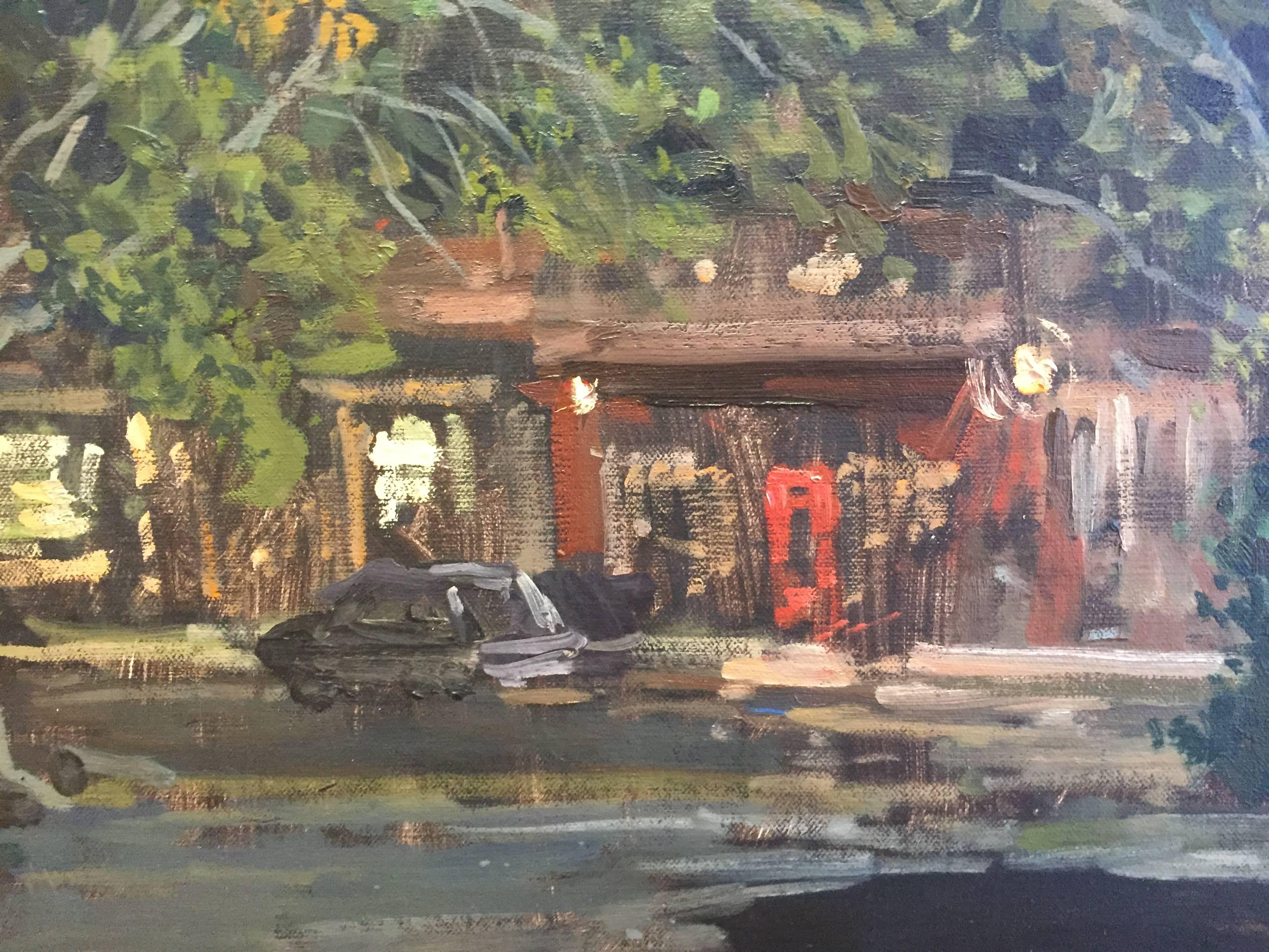 « Bookstore from the Bank » 2017 peinture à l'huile, scène de rue impressionniste de la nuit en vente 1