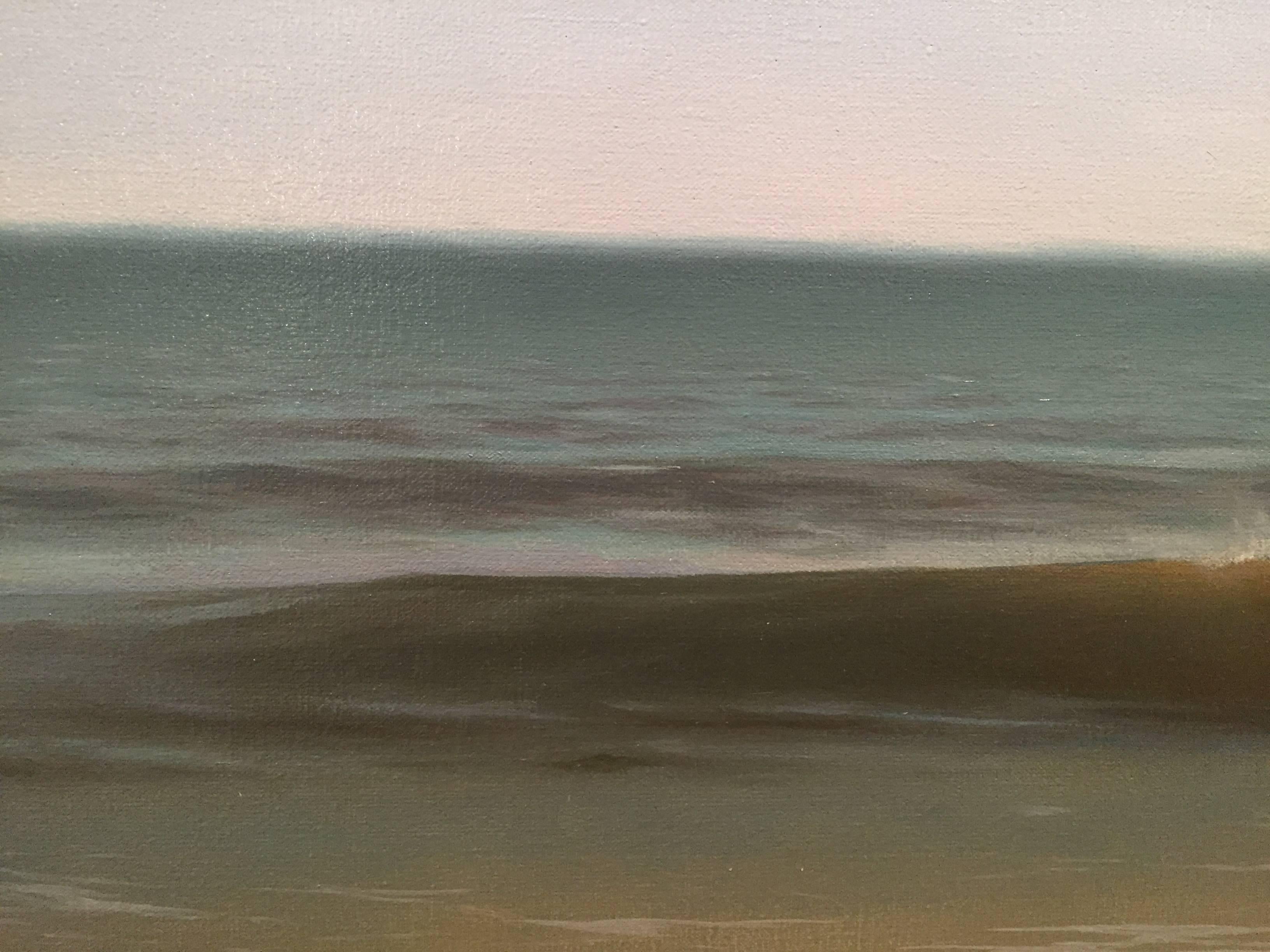 Painted from life, after many studies on site at the beach, Wave, Reflections is a realistically painted seascape. Rich green hues connote the Atlantic Ocean of the Northeast. In the foreground, darks fade into lights as water becomes more shallow
