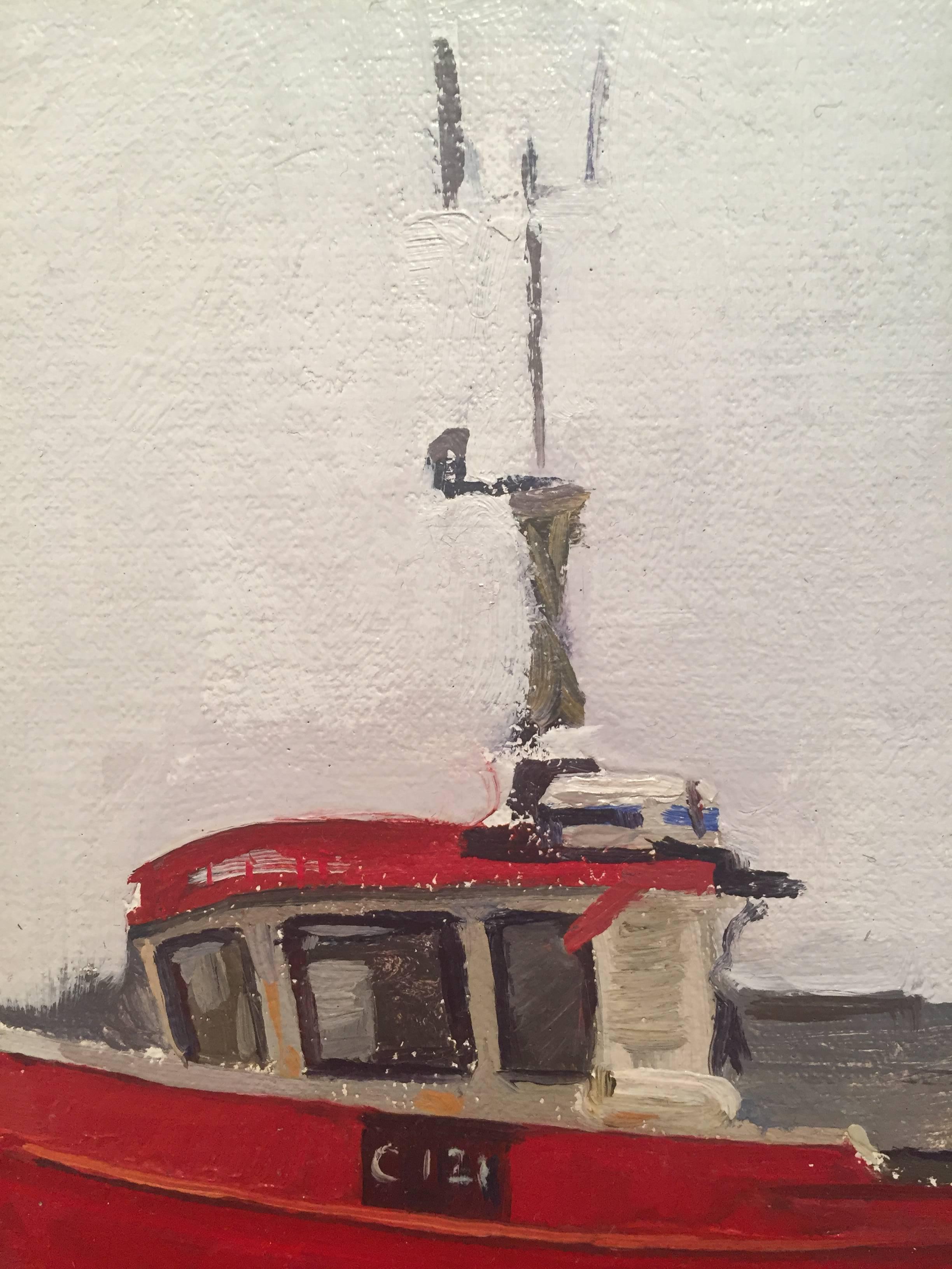 Painted en plein air in Wexford, Ireland, a red boat rests out of  water in a parking lot at Kilmore Quay, a fishing port and leisure marina. An Irish flag flies proud on the right; dissecting the thick, cloudy, grey sky.

Marc Dalessio was born in