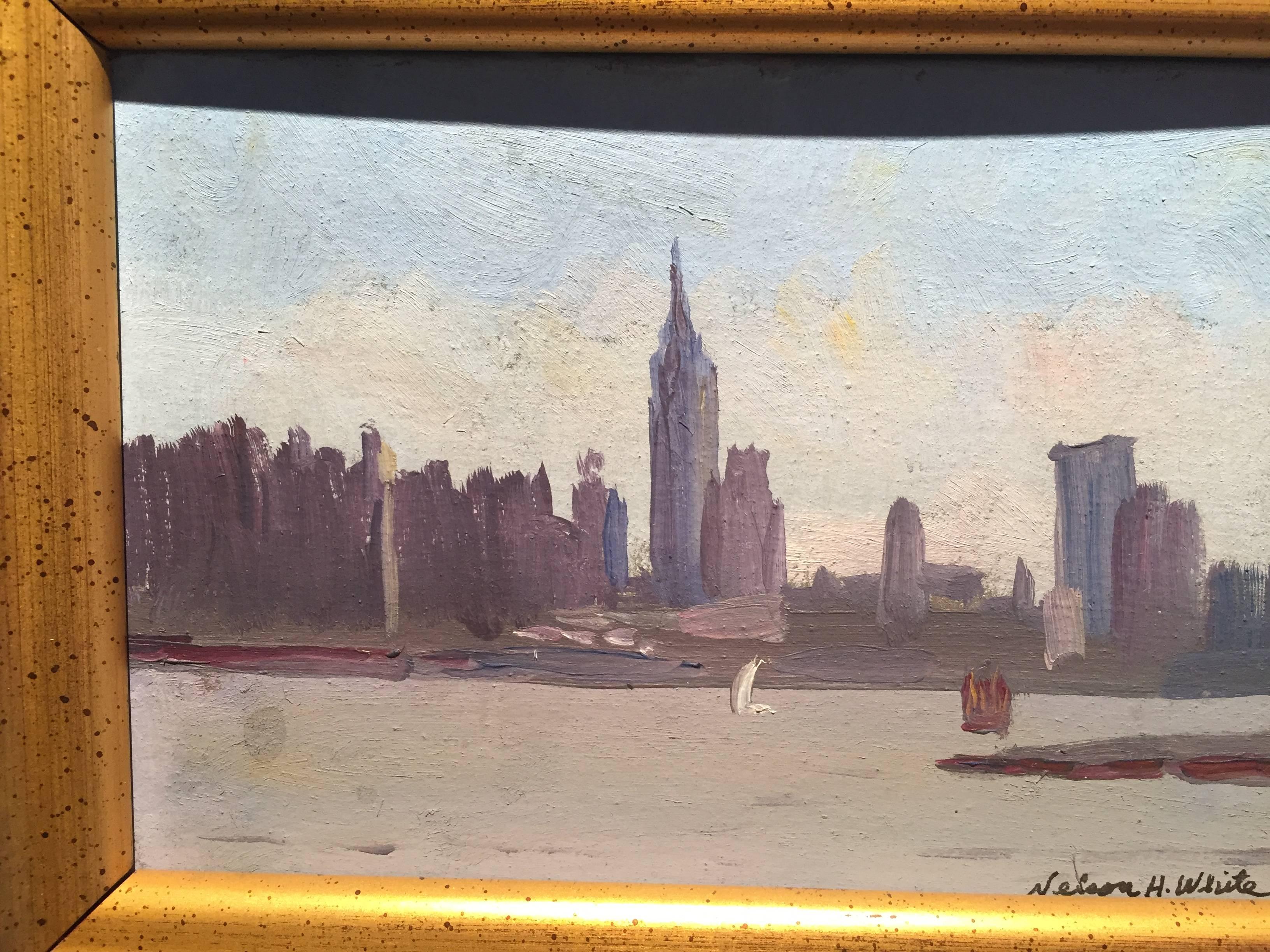 Painted en plein air across from the imposing New York City Skyline. A few quick brushstrokes against a white background make up the familiar scene on an overcast day. A small dash of white along the water's horizon makes a sailboat. The silver