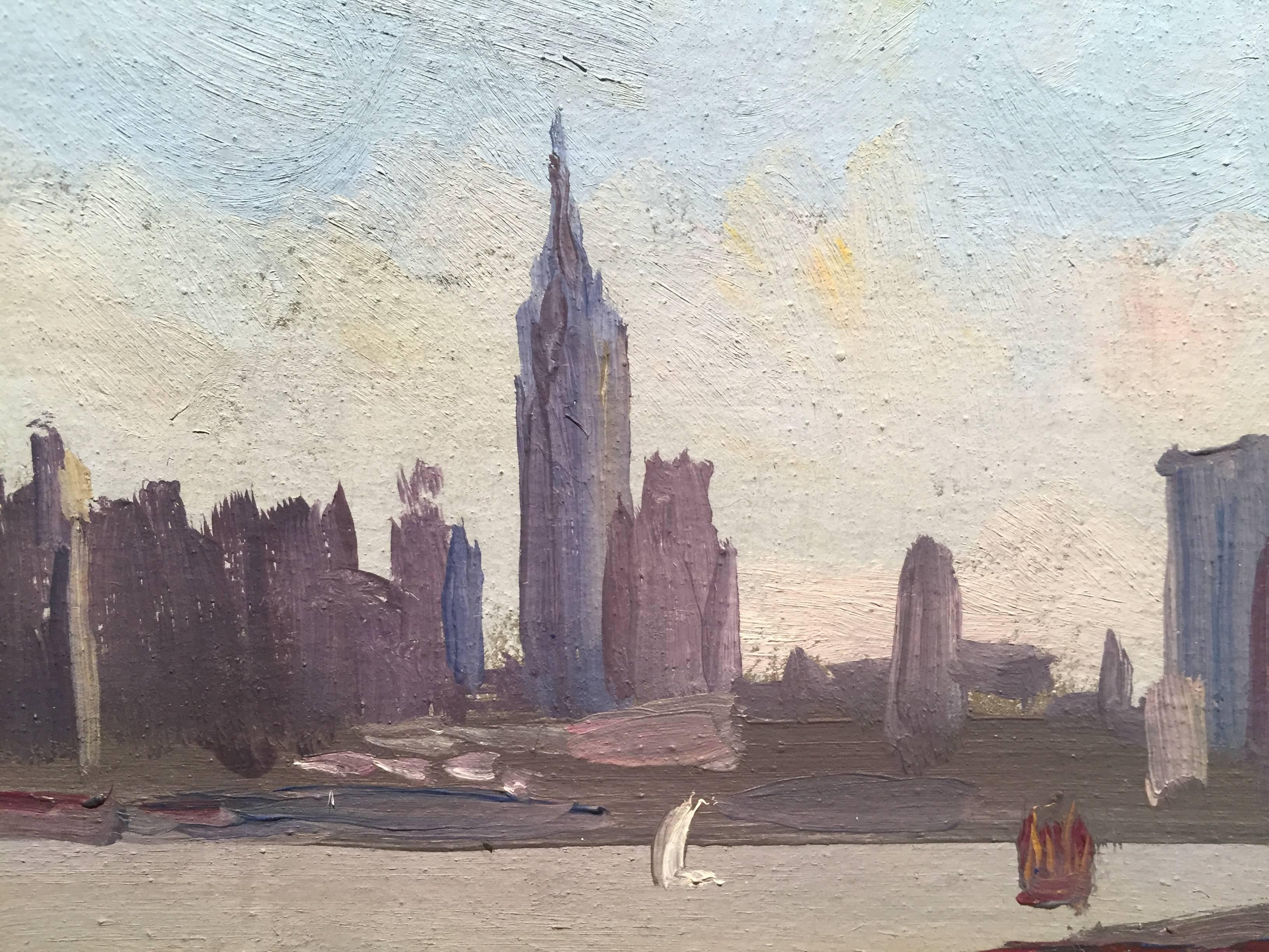 New York Sky Line - Gray Landscape Painting by Nelson H. White
