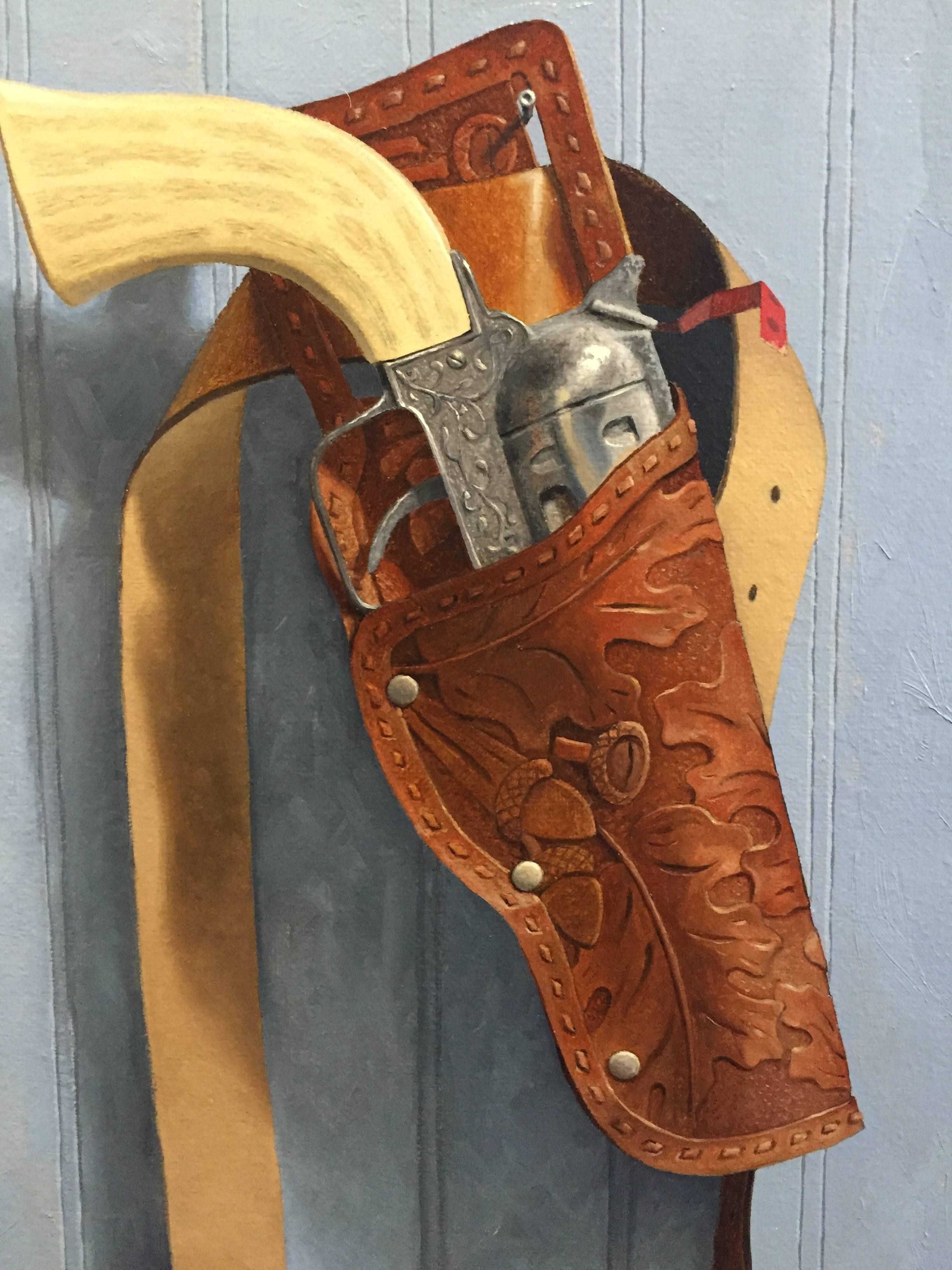 Painted from life in the style of Trompe L'Oeil, a toy pistol rests in an embossed leather holster belt. A sheriff's-star badge adorns the hanging appendage. Morfis paints so intricately and realistically, that it looks as though you could pick the