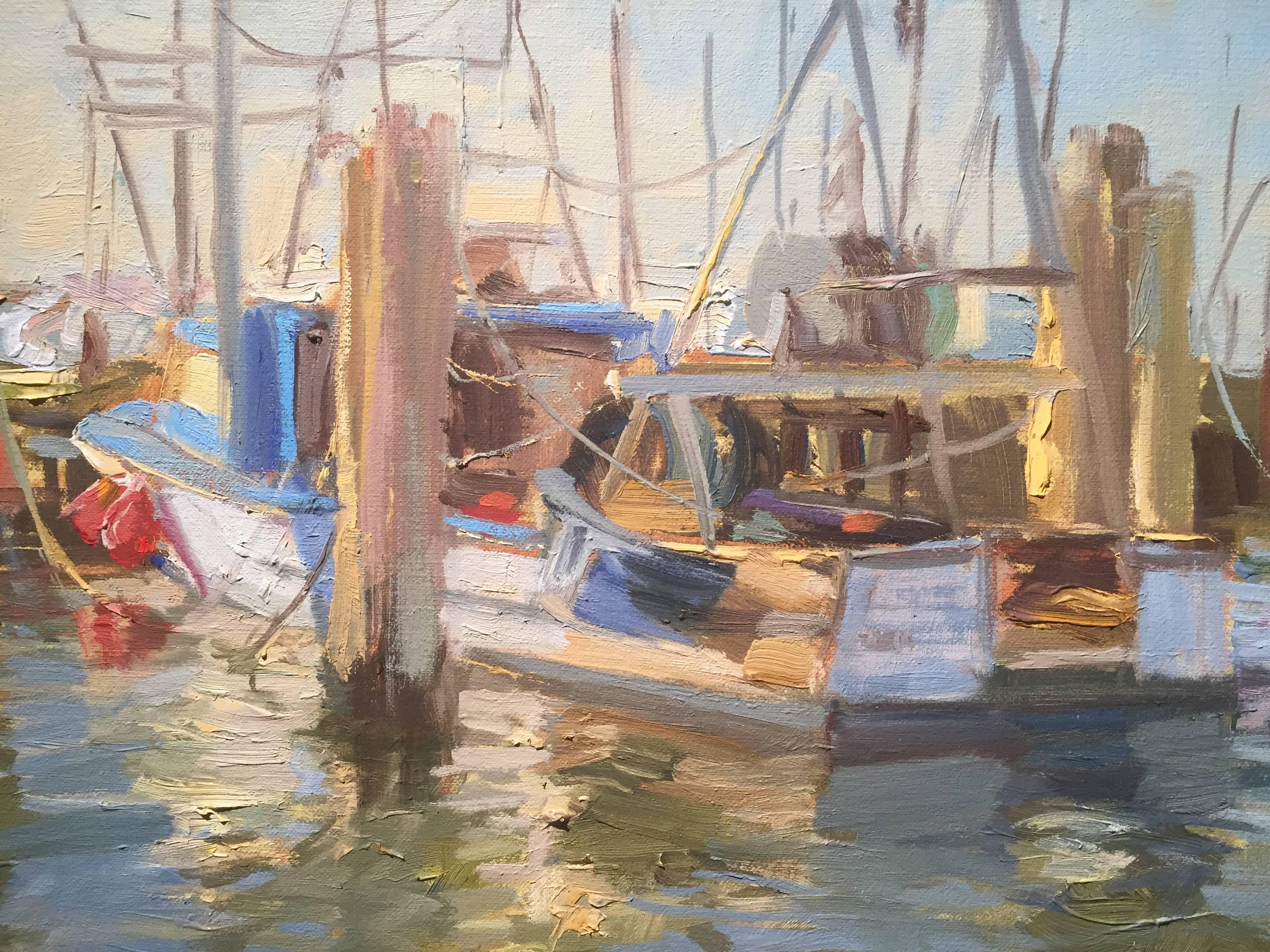Town Dock, Hampton Bays (Braun), Figurative Painting, von Thomas Cardone