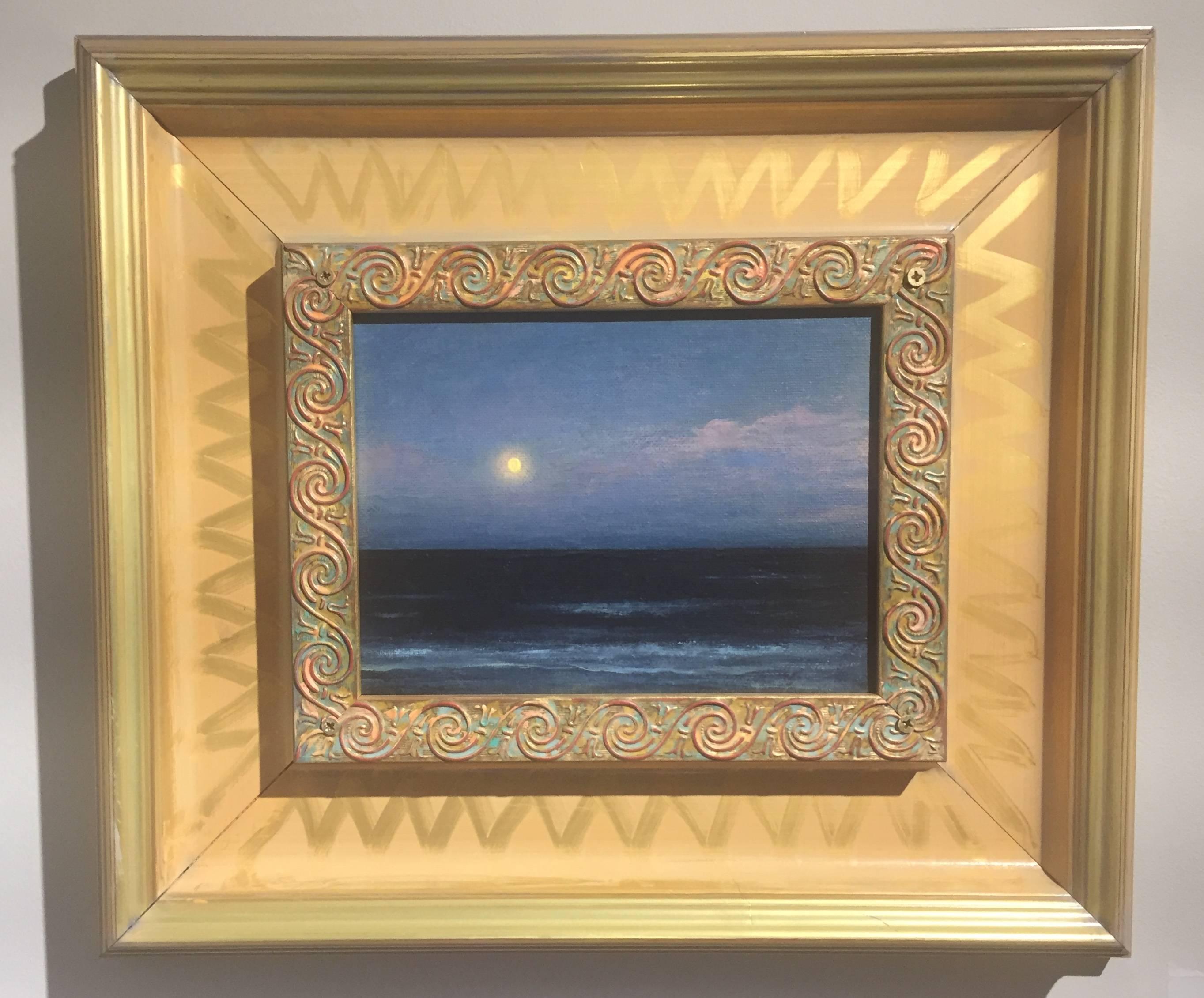 A small oil on canvas painting, depicting a seascape at night. A blue sky is illuminated by the bright, full moon. The deep, mysterious ocean is painted with a dark, rich blue, almost black at the horizon. A romantic and pensive scene.

Adam Straus