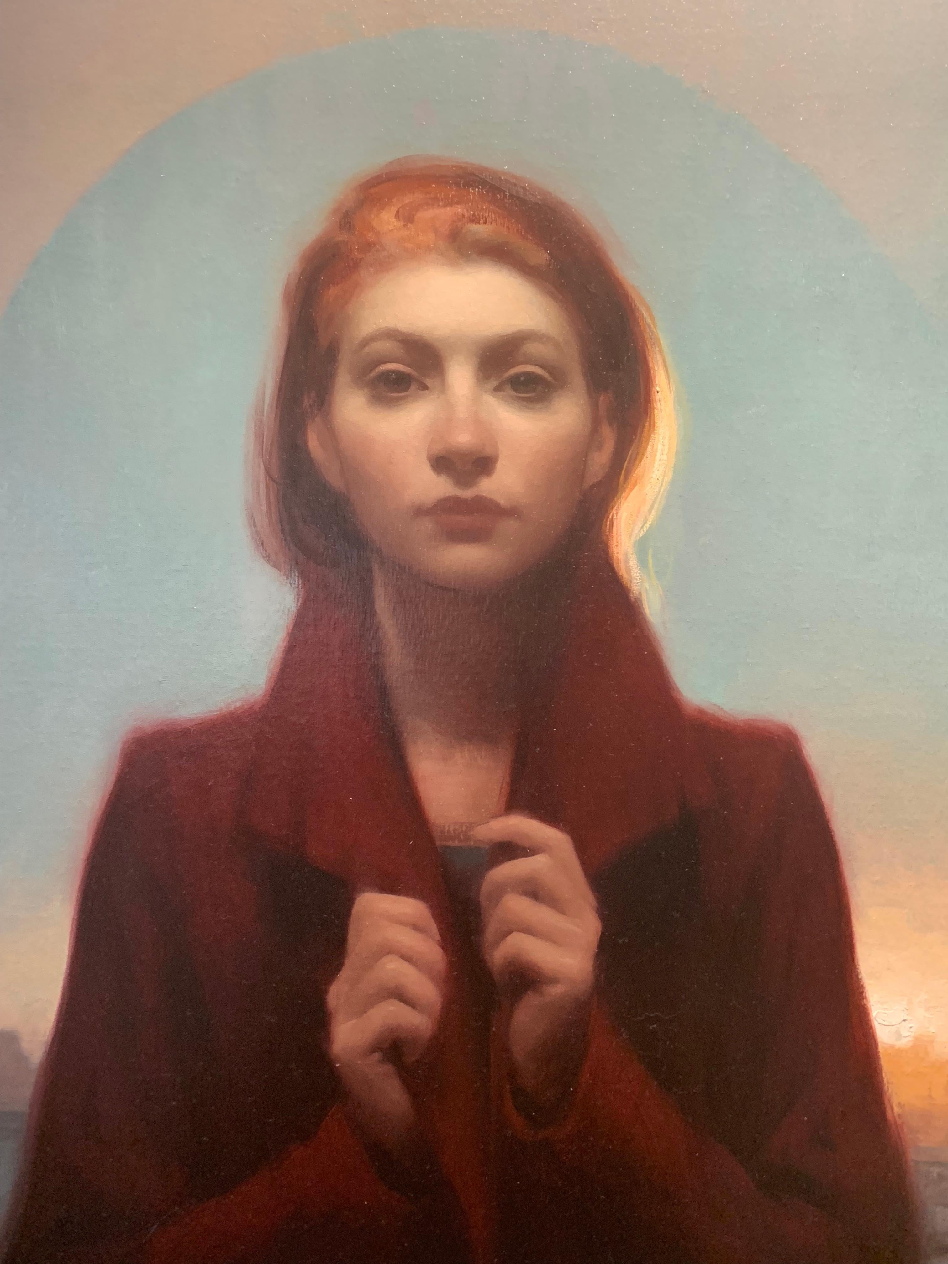 An oil on linen painting of a woman, centrally placed, backlit by a setting sun on a skyline horizon.

