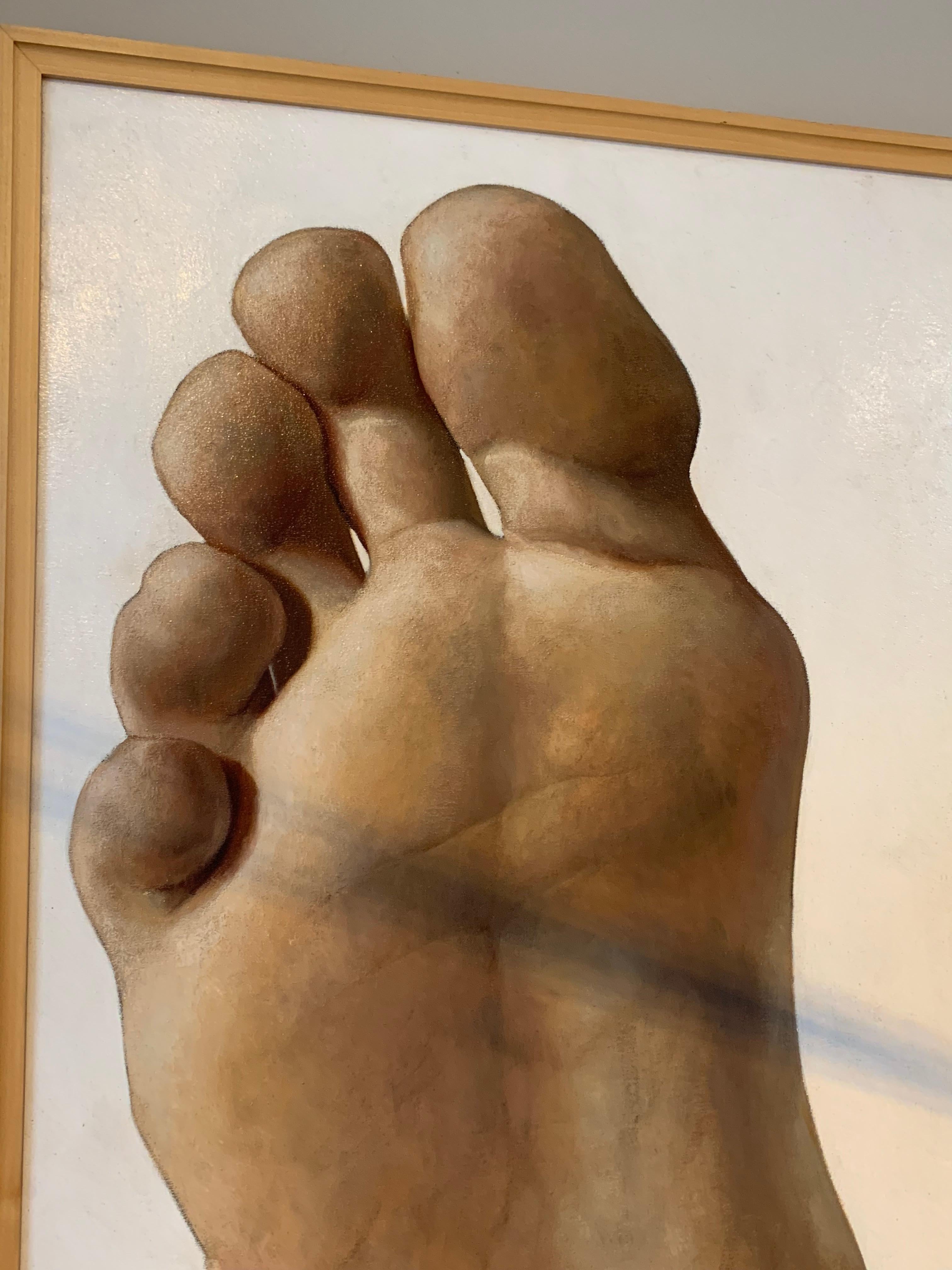 Ackrill’s “Twenty-four inches” a five and half foot-tall diptych of foreshortened feet, which stand alone as fun and funny; he has cropped the figure, leaving the feet a sort of “item to popularize.”  Another thing to note is the environment he