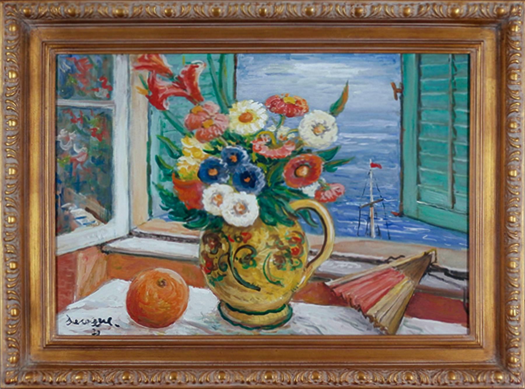 Alois Lecoque Still-Life Painting - STILL LIFE WITH FLOWERS, FRUIT & FAN
