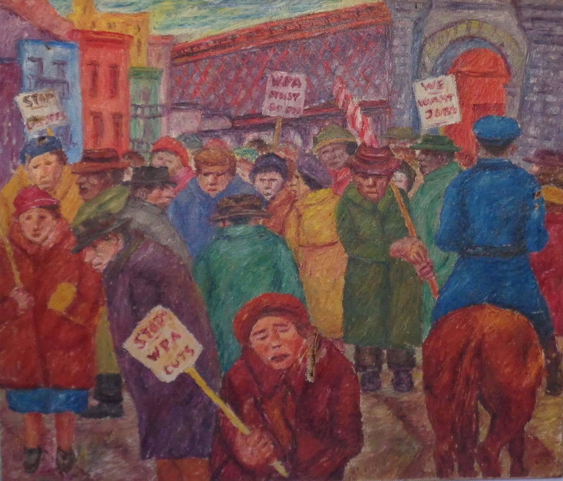 Unknown Figurative Painting - Stop WPA Cuts