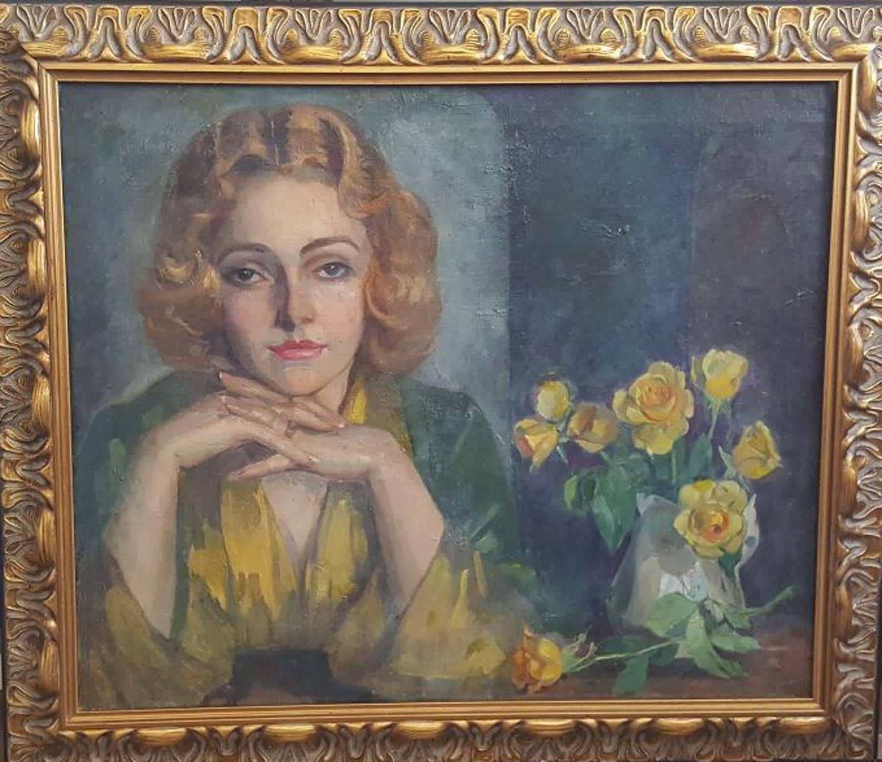 Lady with Roses - Painting by Joseph Newman