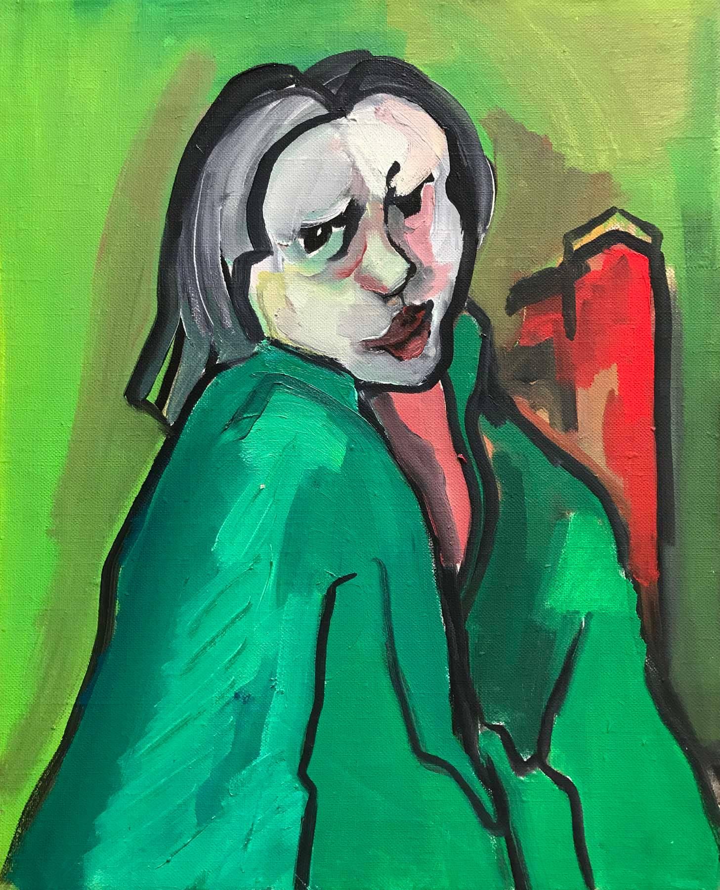 Fay Singer Figurative Painting - Green Coat, Red Chair