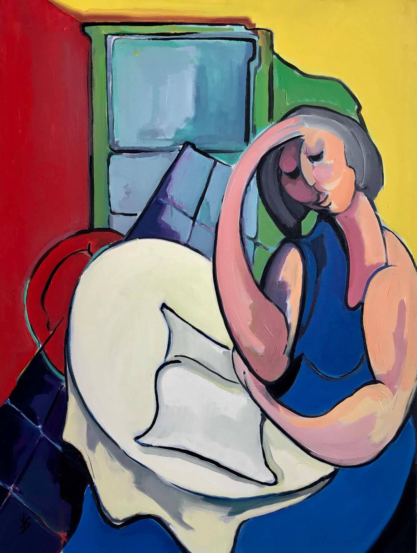 Fay Singer Portrait Painting - WOMAN IN BLUE READING