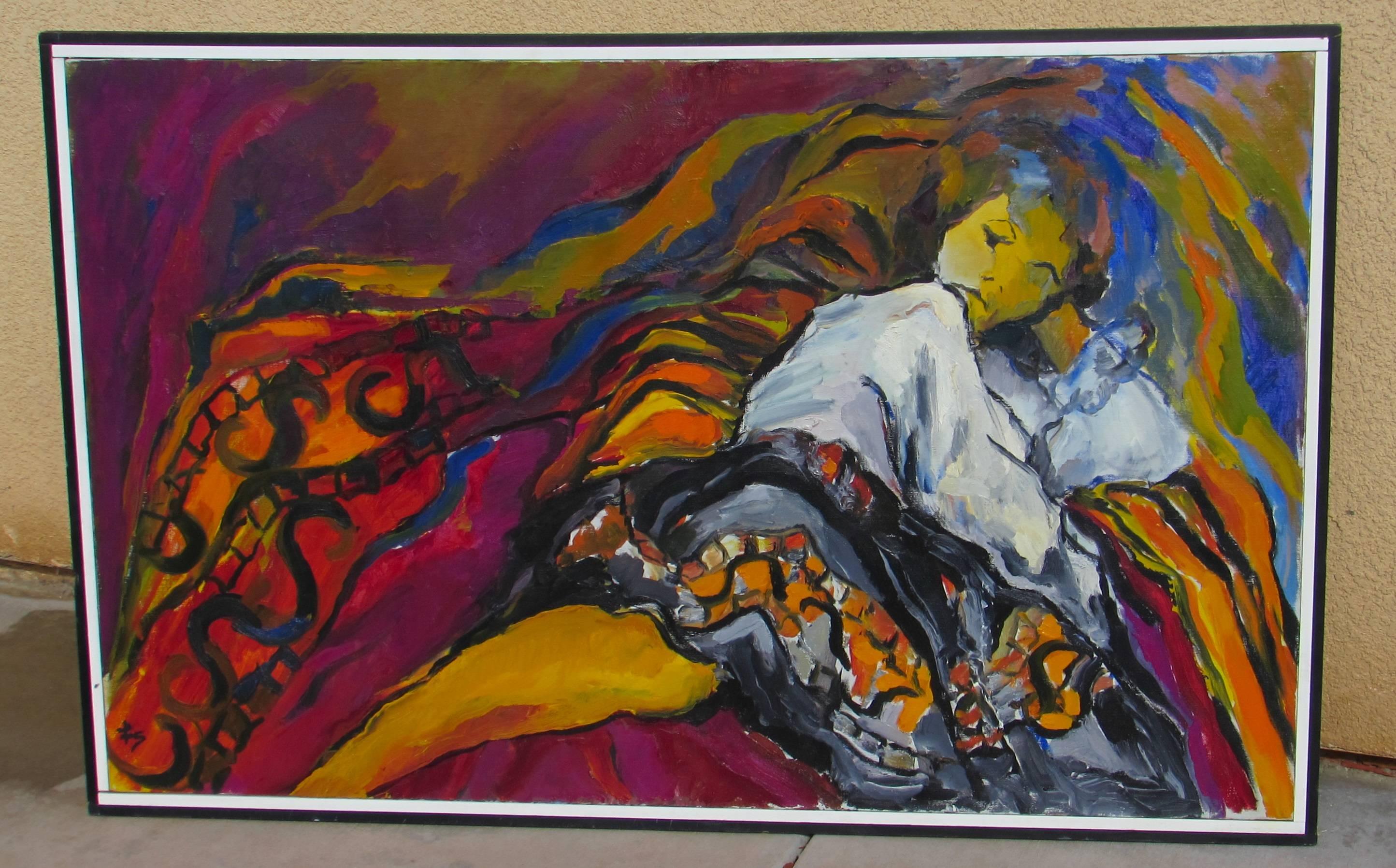 Reclining Woman - Expressionist Painting by Fay Singer
