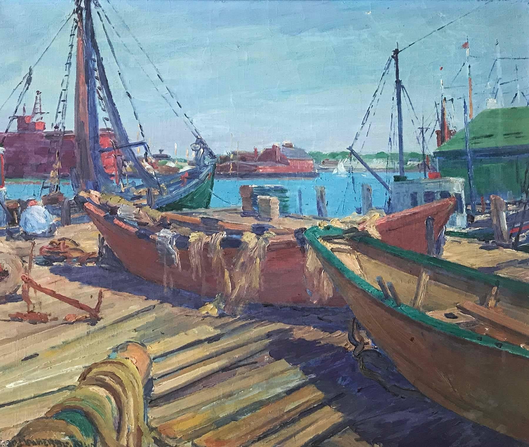 William Malherbe Landscape Painting - Dockside, Gloucester Harbor