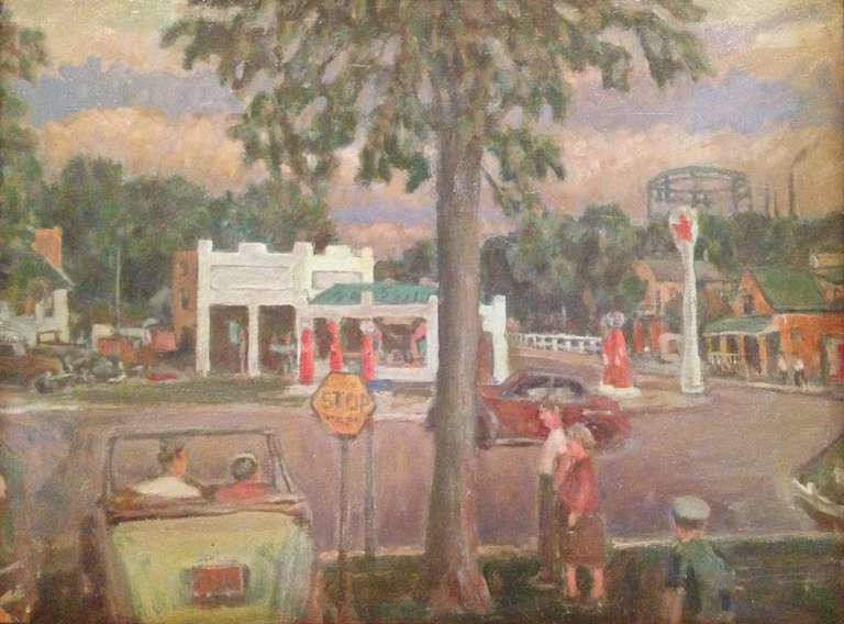 Gerrit  Van Sinclair Landscape Painting - Neighborhood Texaco Station