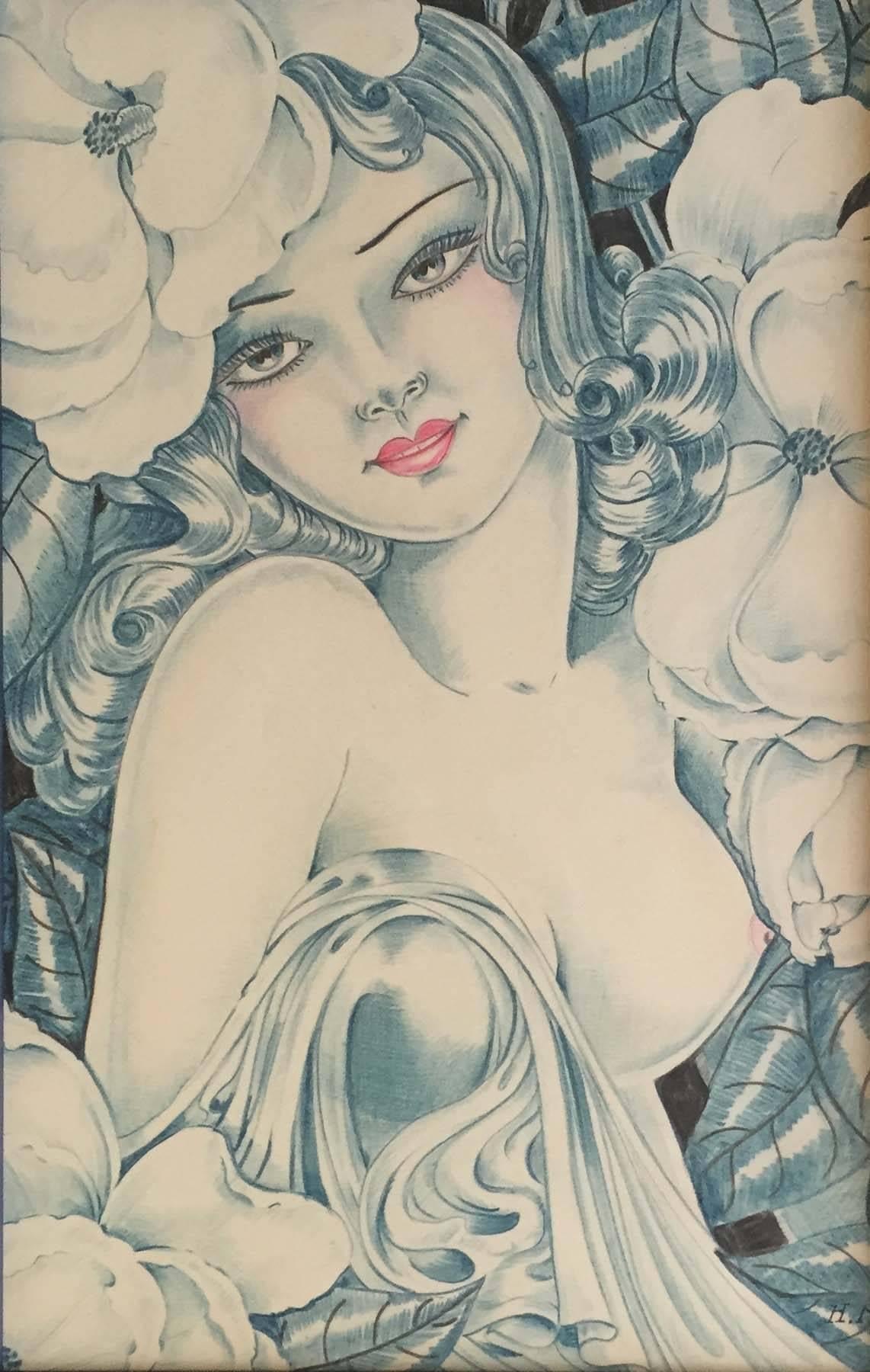 Hilda Maset Nude Painting - FEMME AVEC LES FLEURS