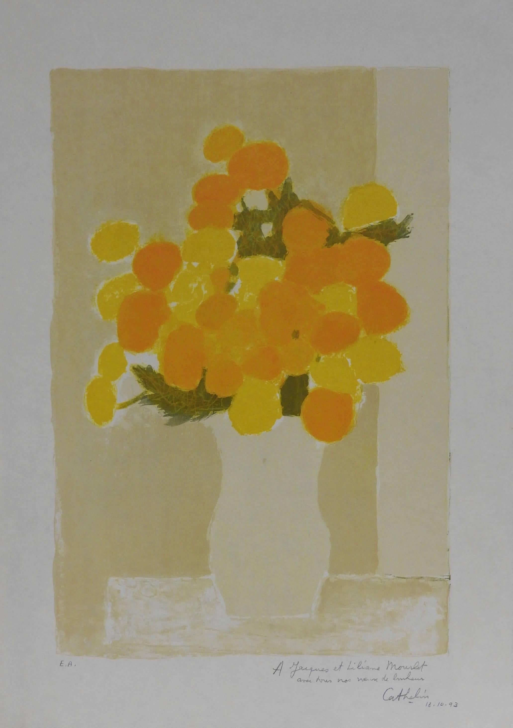 Bernard Cathelin Still-Life Print - Still life of yellow and orange flowers 
