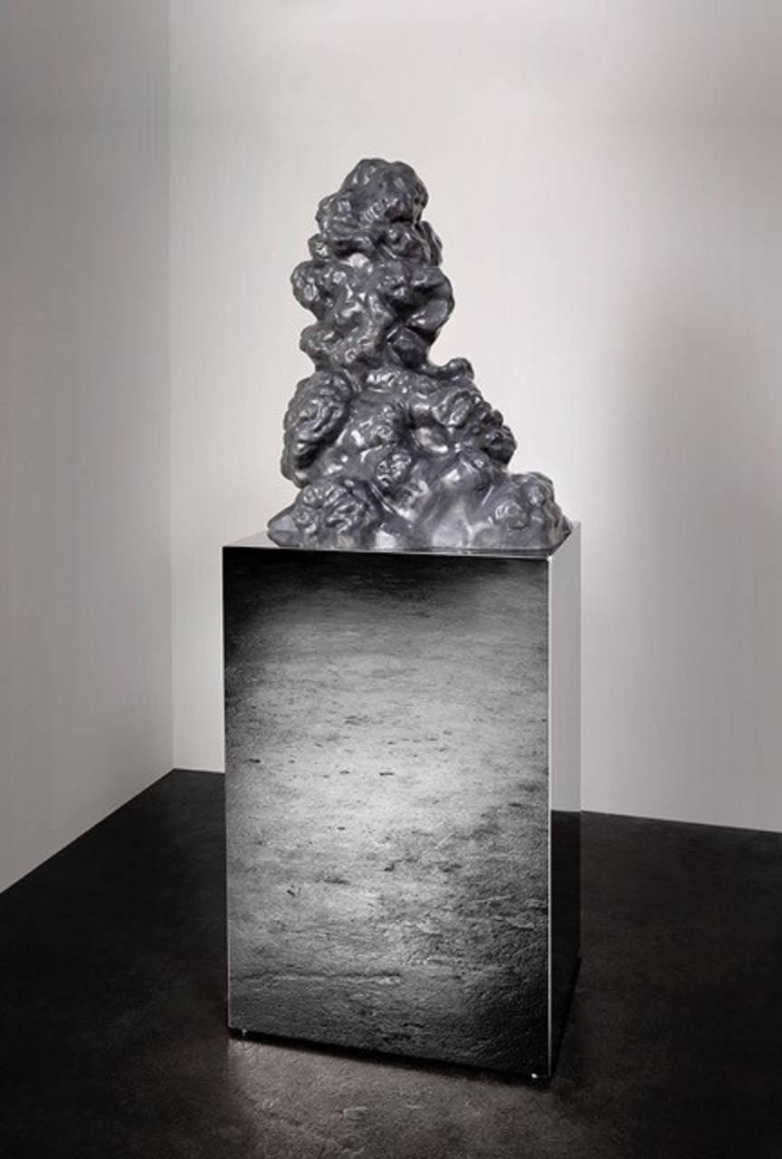 Norman Mooney Abstract Sculpture - "Cumulus Stone No. 3" Large Abstract Carved Marble Sculpture, Mirror Base