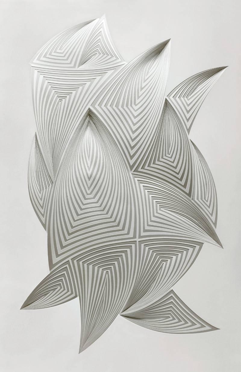 "Free Form #1" Hand Cut Paper Wall Relief Sculpture, Abstract, White, Gray