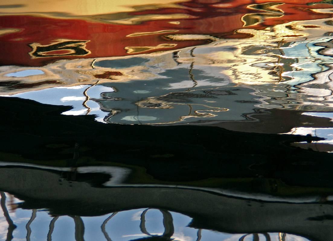 Water Reflection, Abstract Color Photography by Geoffrey Baris, Red, Black