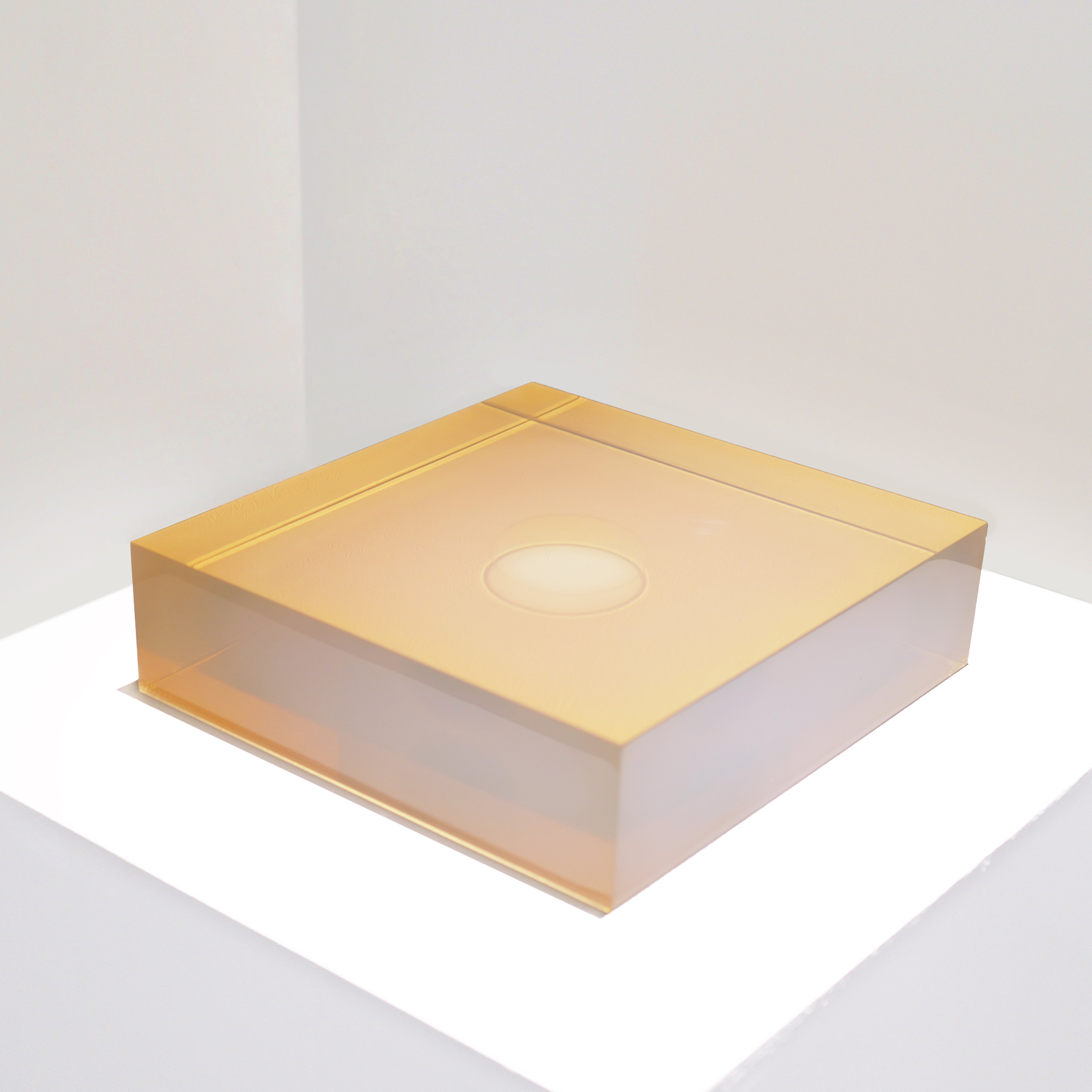 Peter Alexander Abstract Sculpture - Untitled (Yellow/Amber Rectangular Box with Suspended Disc), 1968
