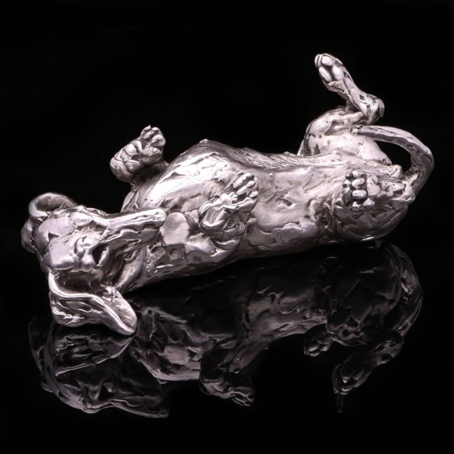 Lucy Kinsella Figurative Sculpture - 'Rolling terrier' sterling silver sculpture