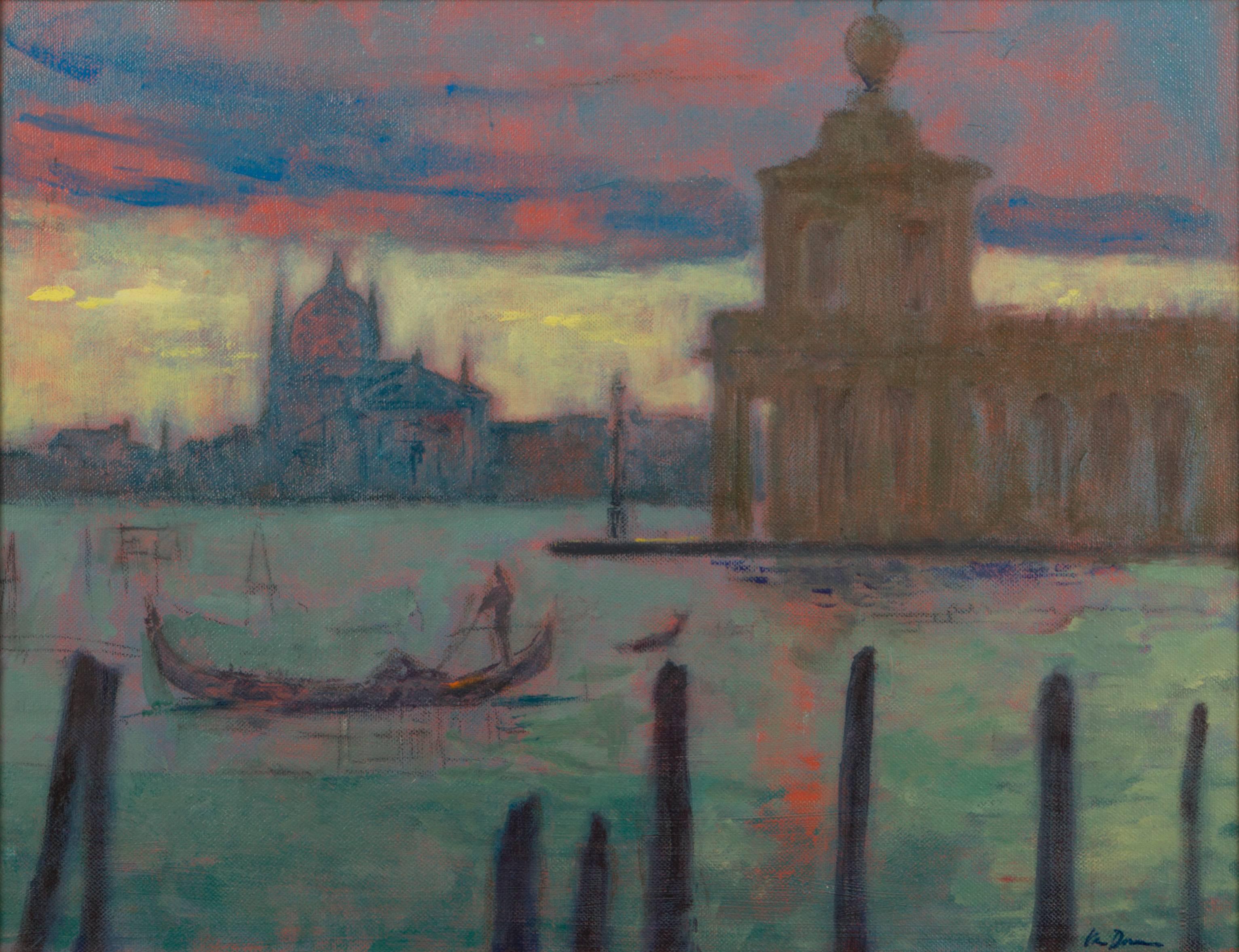 Dogana di Mare with Gondola, Venice, Italy - Painting by Adam Van Doren
