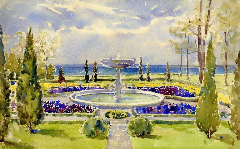 Florence Vincent Robinson Landscape Art - Garden with Fountain