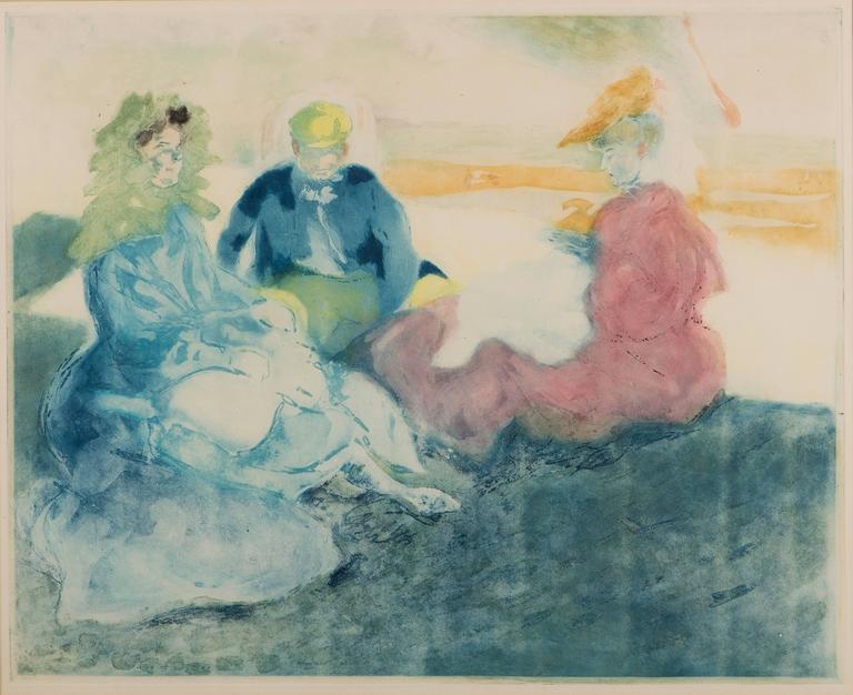Jacques Villon Figurative Print - Sous la Tente, Sur la Plage, Bionville