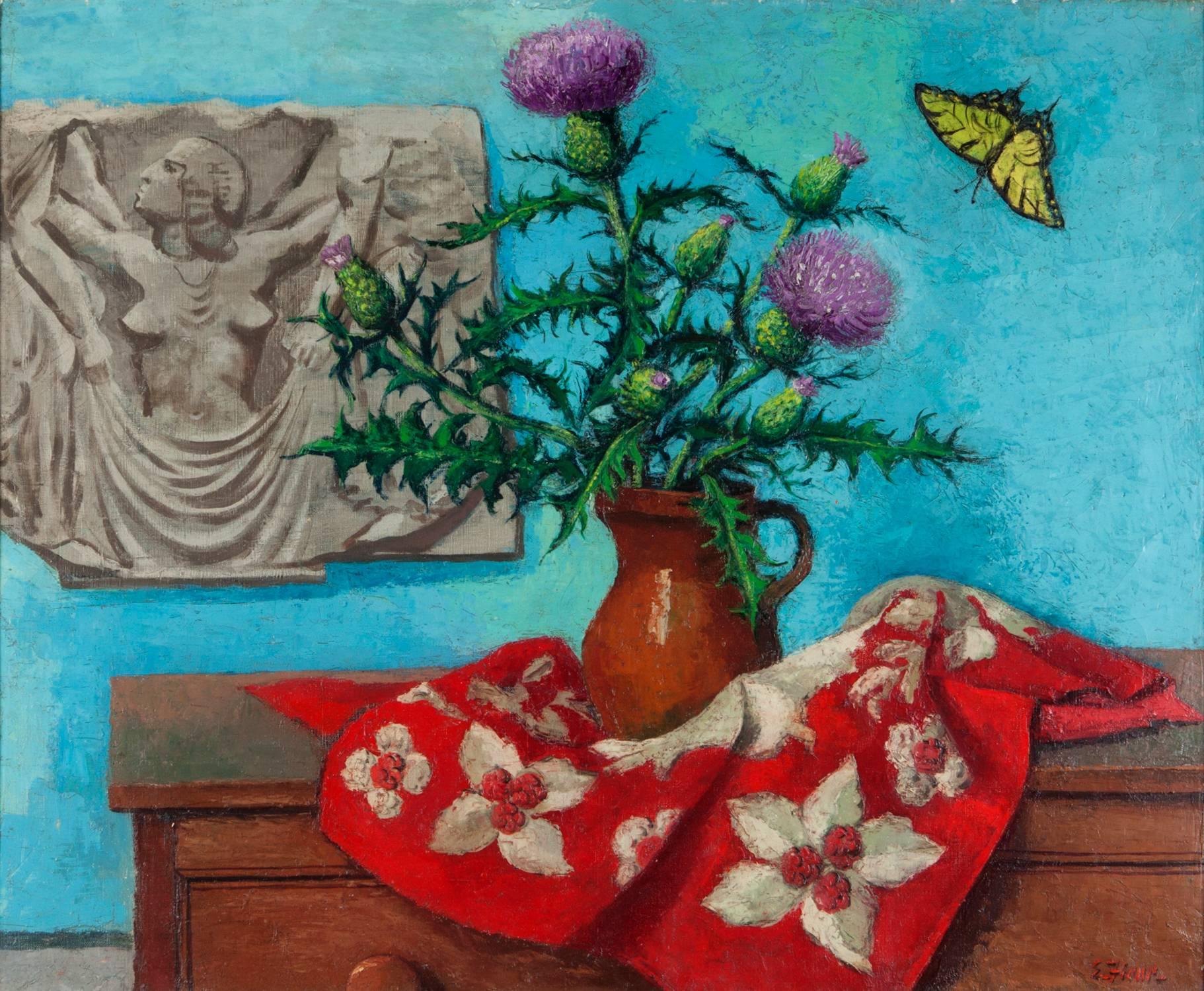 Ernest Fiene Still-Life Painting - Thistles with Greek Relief