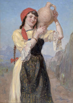 Girl carrying a pitcher on her shoulder
